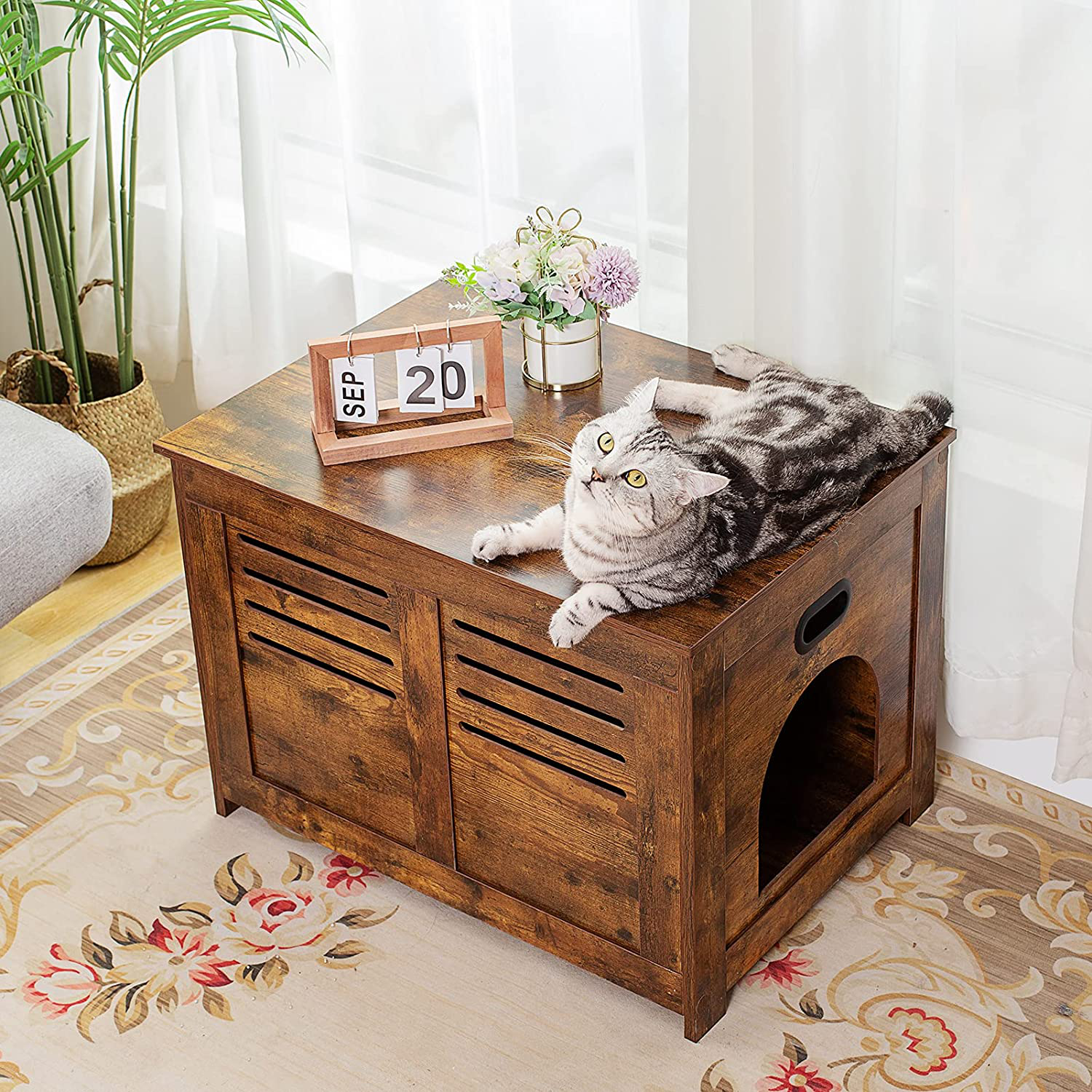 DINZI LVJ Litter Box Furniture, Flip Top Hidden Cat Washroom with Louvered Window, Entrance Can Be on Left/Right Side, Enclosed Cat Litter House Side Table for Most of Cat and Litter Box, Rustic Brown Animals & Pet Supplies > Pet Supplies > Cat Supplies > Cat Furniture DINZI LVJ   