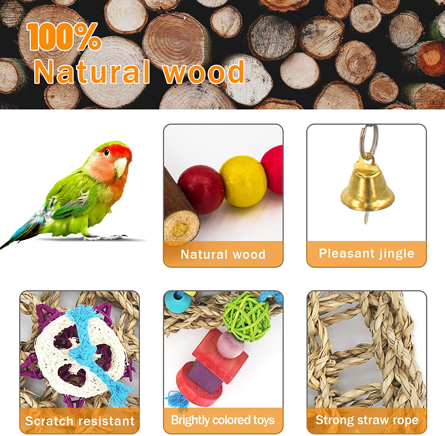 MHHOL Bird Parakeet Toys, Bird Foraging Wall Toy, Bird Perches Swing, Edible Seagrass Woven Climbing Hammock Mat with Chewing Toys, Bird Shredder Toys, for Parrots, Conures, Cockatiels, Budgies