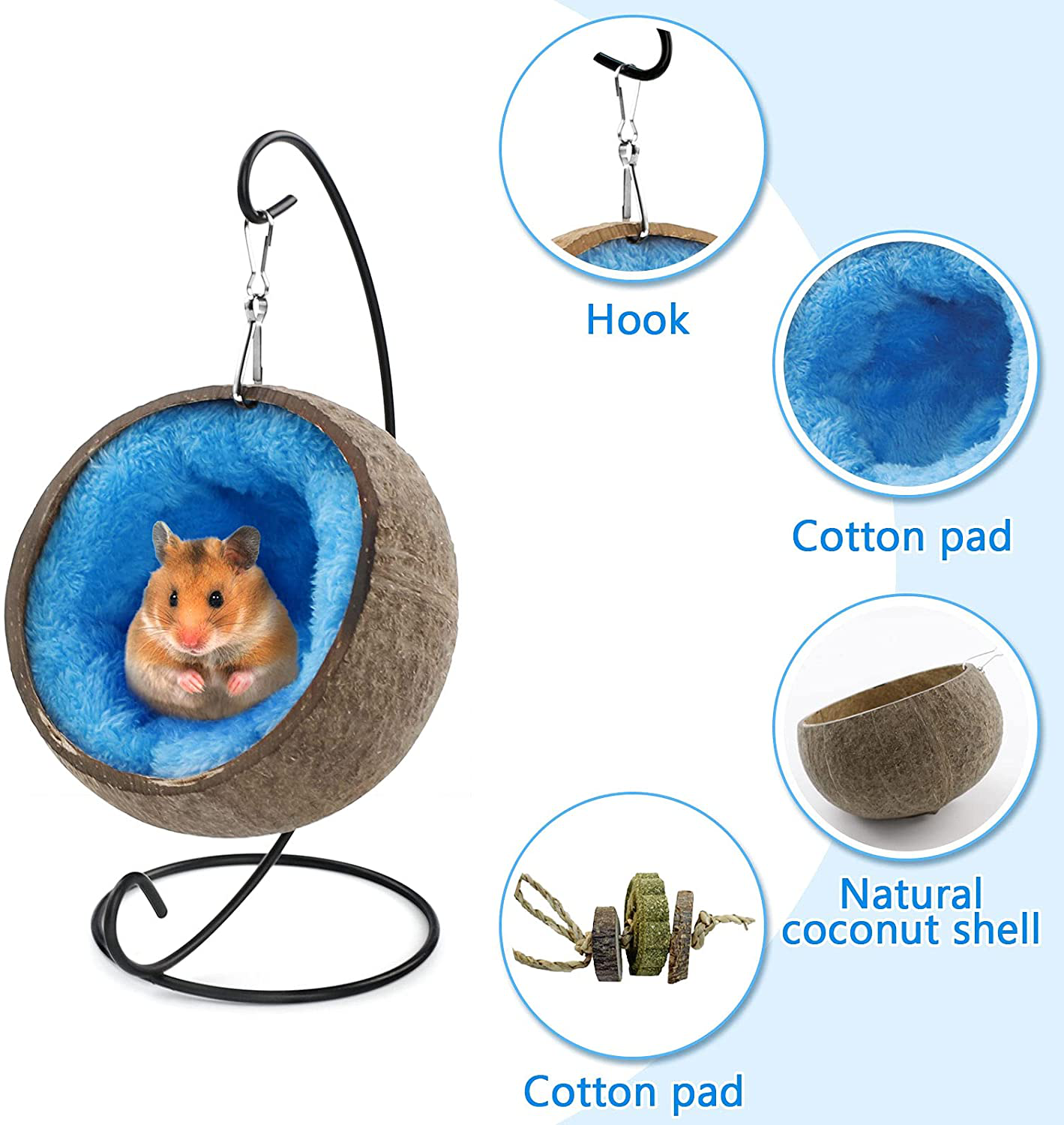 Ranslen Natural Coconut Hamster Hideout Hammock with Molar Toy,Suspension Coconut Husk Hamster Bed House with Warm Pad,Small Animal Habitat Decor Accessories Hanging Loop (Brown)