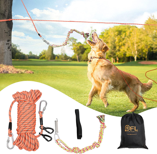 Dog Tie Out Cable for Yard, 50Ft Aerial Dog Runner Trolley System for 2 Dogs, Dog Run Zip Line with Dog Rope Toy for Large Dogs up to 200Lbs, Camping, Backyard, Outside