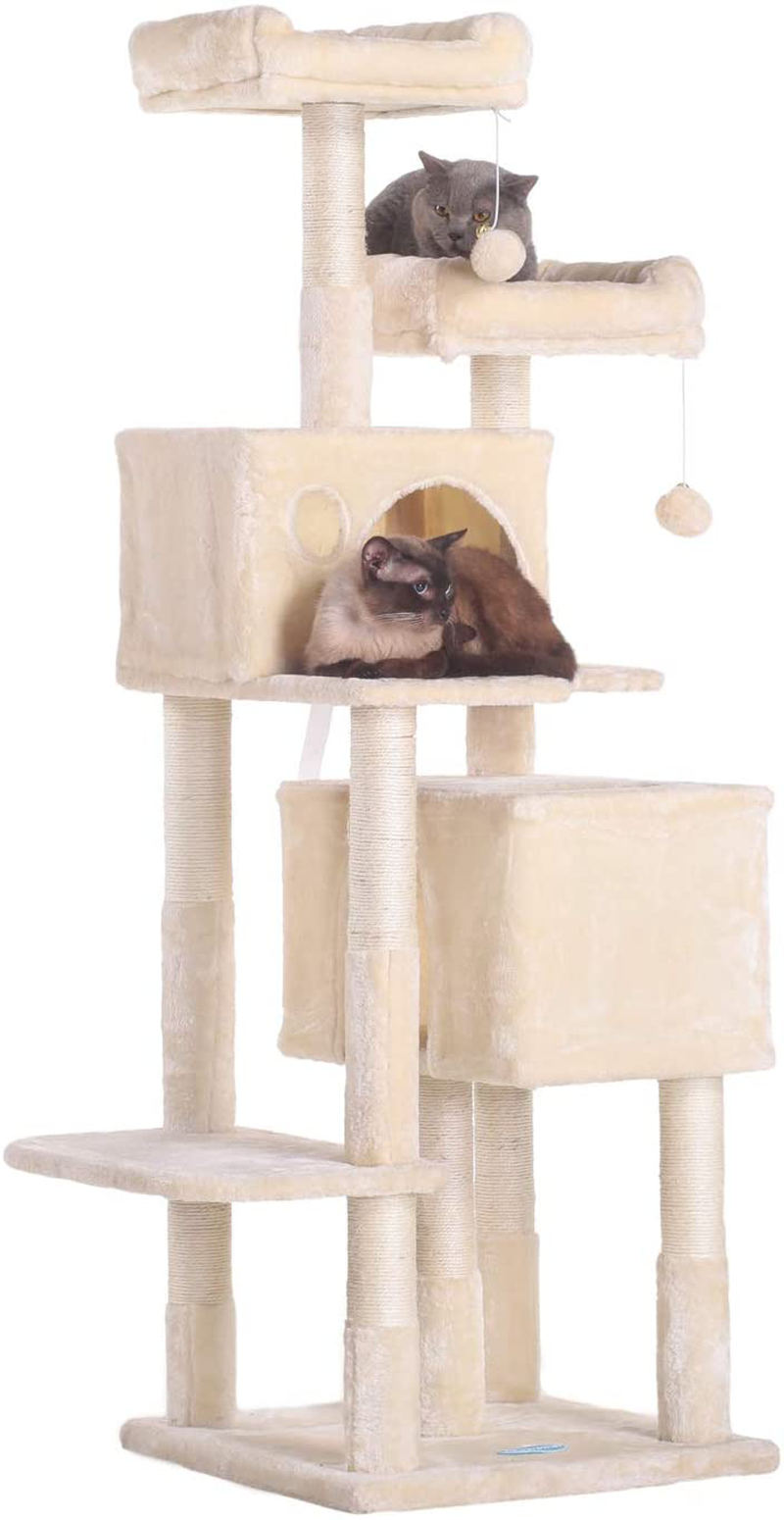 Hey-Brother 60 Inches Multi-Level Cat Tree Condo Furniture with Sisal-Covered Scratching Posts, 2 Plush Condos, 2 Plush Perches, for Kittens, Cats and Pets Animals & Pet Supplies > Pet Supplies > Cat Supplies > Cat Furniture Hey-brother Beige  