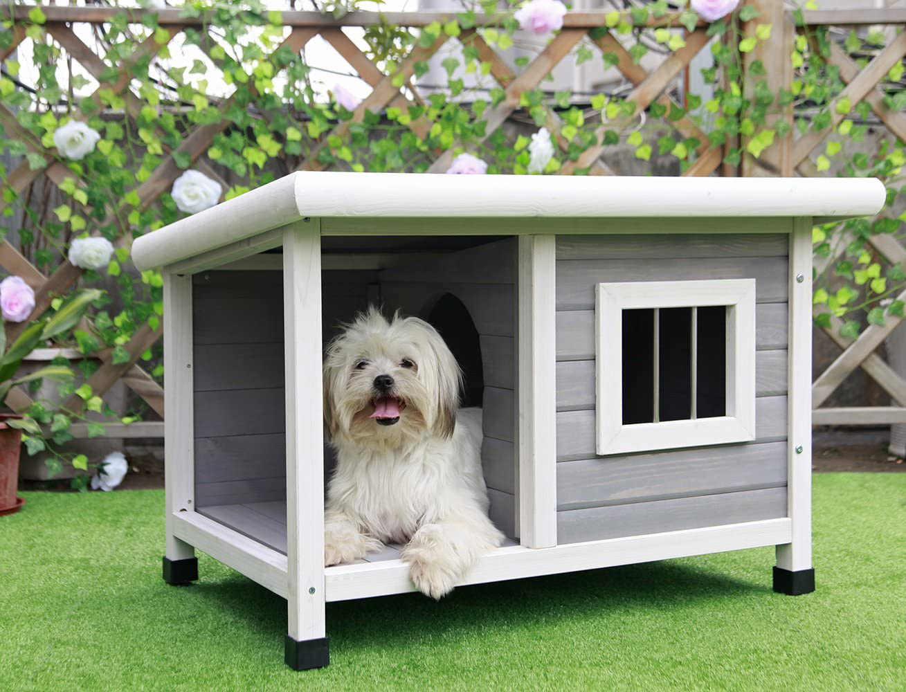 Petsfit Outdoor Wooden Dog House for Small Dogs, Light Grey, Small/33.6" L X 24.7" W X 23" H Animals & Pet Supplies > Pet Supplies > Dog Supplies > Dog Houses Petsfit   