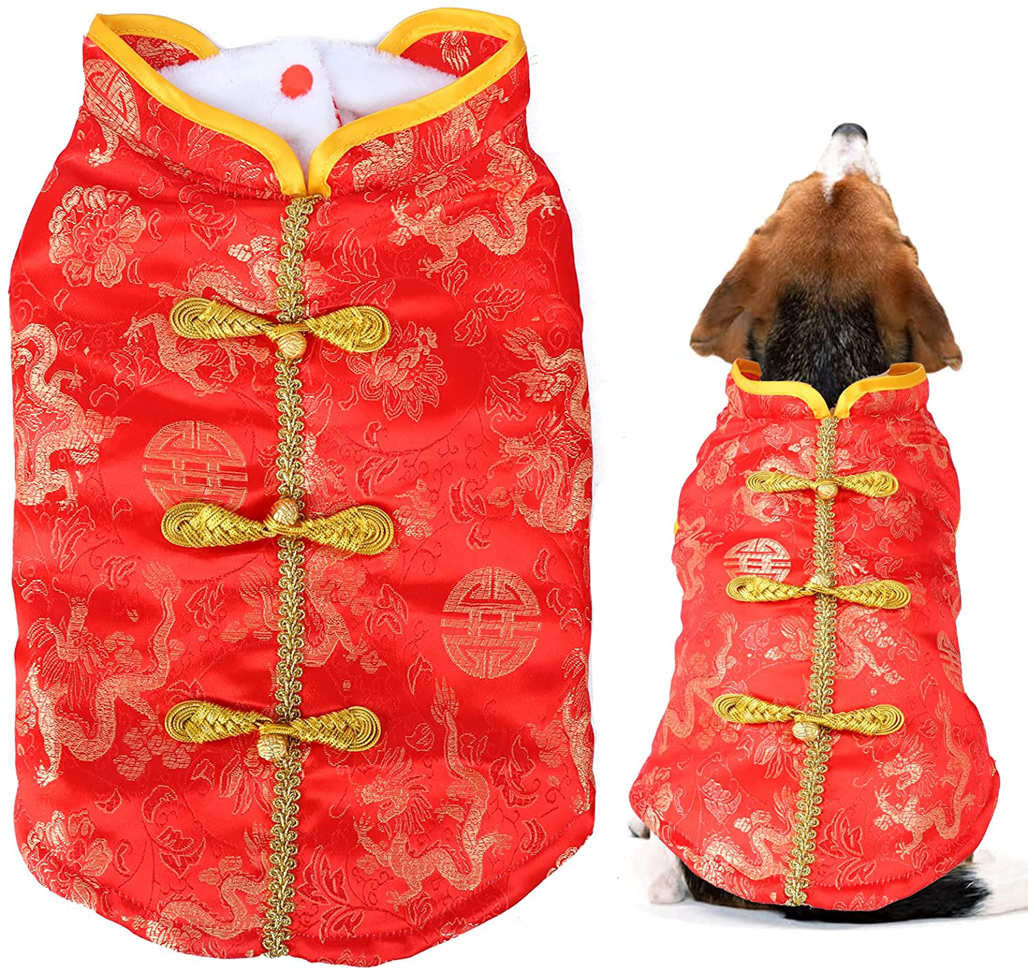 Gyepin New Year Dog Tang Costume Winter Pet Knot Buttons Costume Cheongsam Chinese New Year Pet Clothes Christmas Coat for Teddy Bichon Small Medium Dogs Cats(Size M)