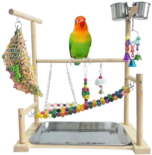 Kathson Parrots Playground Bird Perch Gym Playpen Birds Chewing Toys Bridges with Swings Food Bowl for Parakeets African Grey Conures Cockatiel Cockatoos Parrotlets