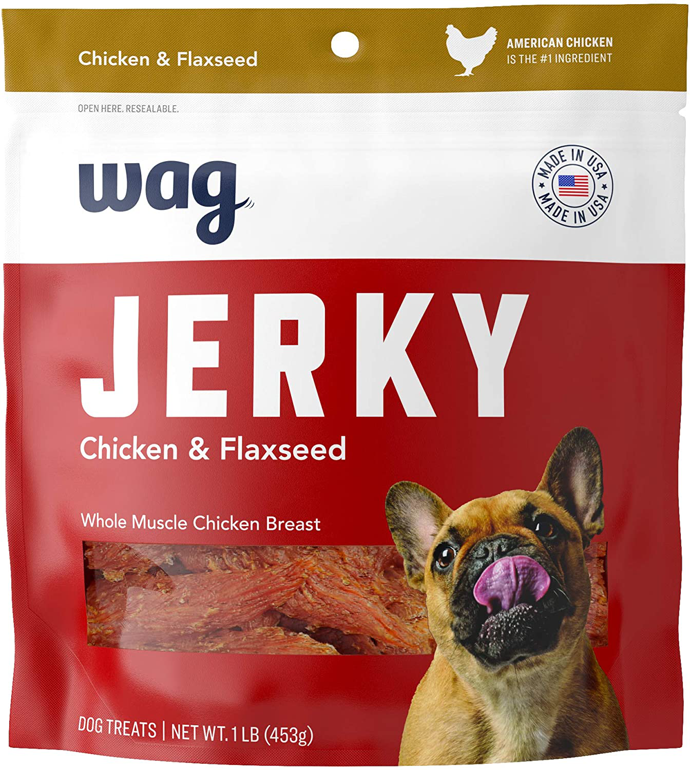 Amazon Brand – Wag Chewy Whole Muscle American Jerky Dog Treats Animals & Pet Supplies > Pet Supplies > Dog Supplies > Dog Treats WAG Chicken & Flaxseed (1 lb)  