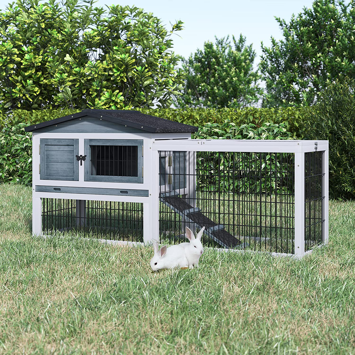 Pawhut Fir Wood Rabbit Hutch with 2 Story Design, Bunny Cage Run with Patio, Asphalt Roof and Pull Out Tray, Grey Animals & Pet Supplies > Pet Supplies > Small Animal Supplies > Small Animal Habitats & Cages PawHut   