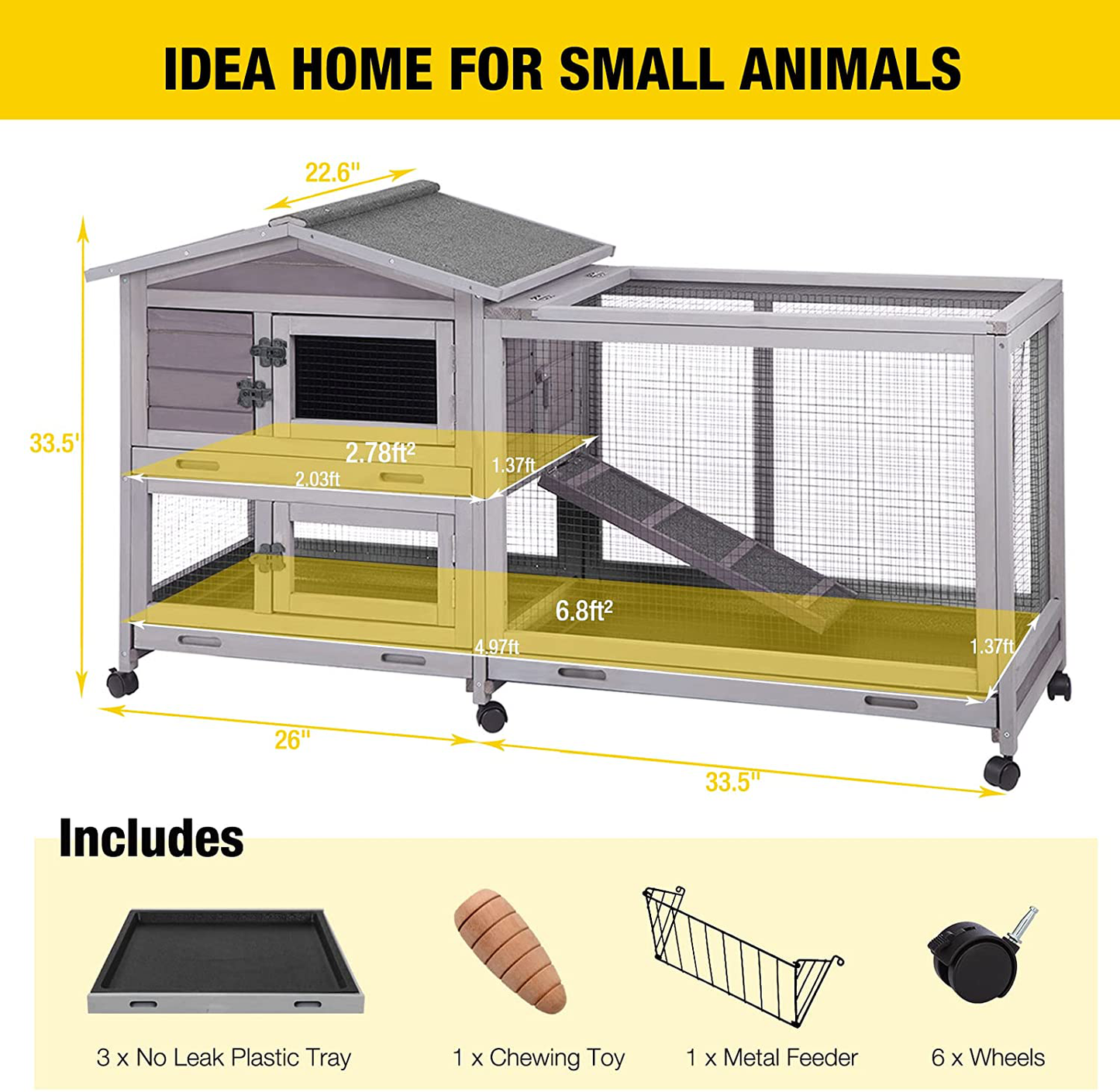 Rabbit Cage Indoor 62" Outdoor Rabbit Hutch with Casters Waterproof Roof, Guinea Pig Cage with 3 Deep No Leakage Pull Out Tray Animals & Pet Supplies > Pet Supplies > Small Animal Supplies > Small Animal Habitats & Cages Aivituvin   