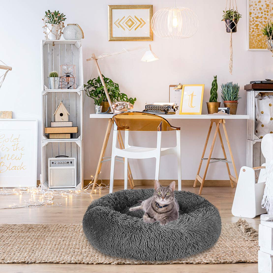 Mojonnie Donut Cat Bed, round Faux Fur Cat Bed Soft Plush Pet Cushion Bed Self-Warming Sleeping Bed for Cats Winter Pets Puppy Indoor Pet round Nest Animals & Pet Supplies > Pet Supplies > Cat Supplies > Cat Furniture Mojonnie   