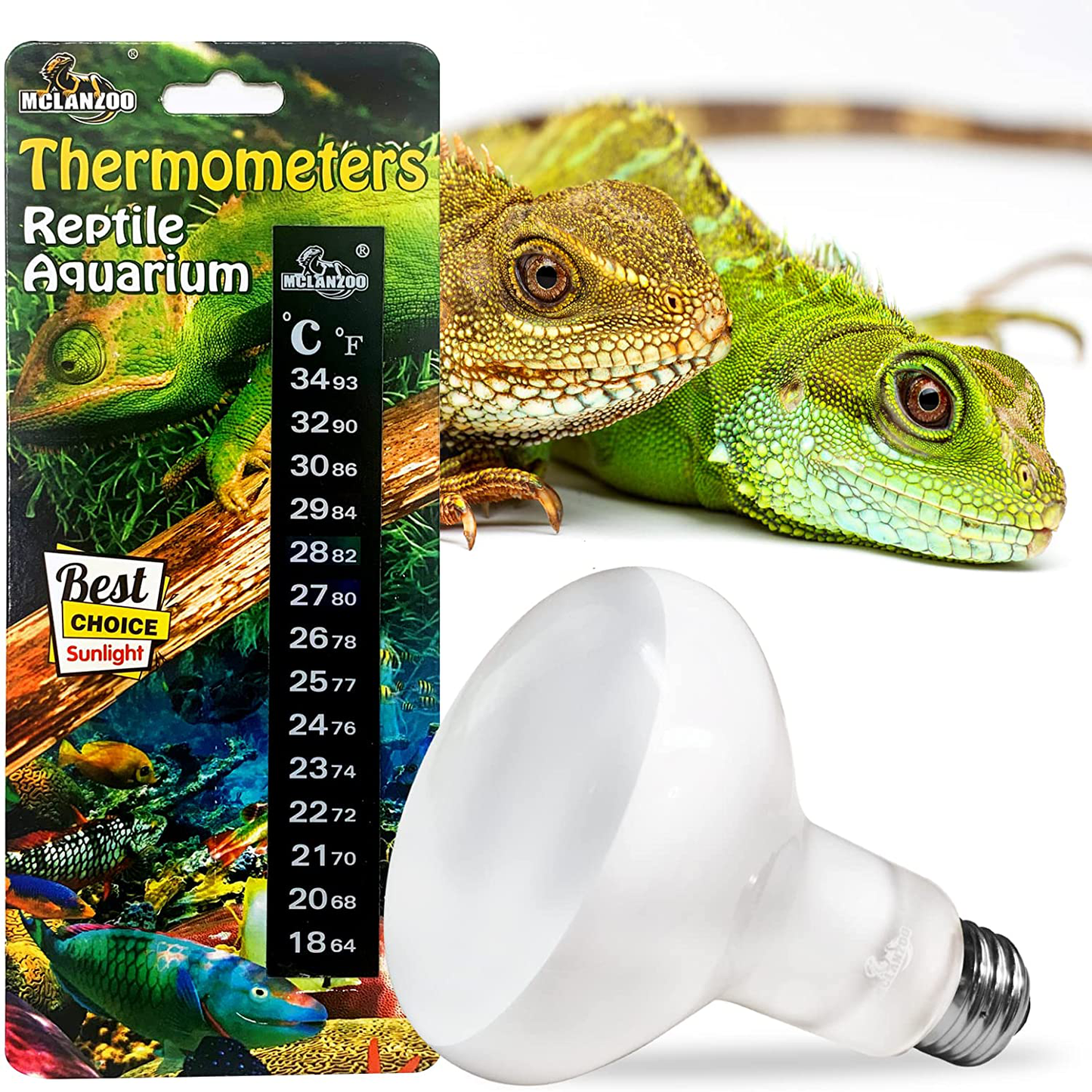 MCLANZOO 2 Pack 75W Reptile Heat Lamp Bulb/Light, UVA Basking Spot Heat Lamp for Lizard,Tortoise,Bearded Dragon, Hedgehogs Reptiles & Amphibians with Stick-On Digital Temperature Thermometer