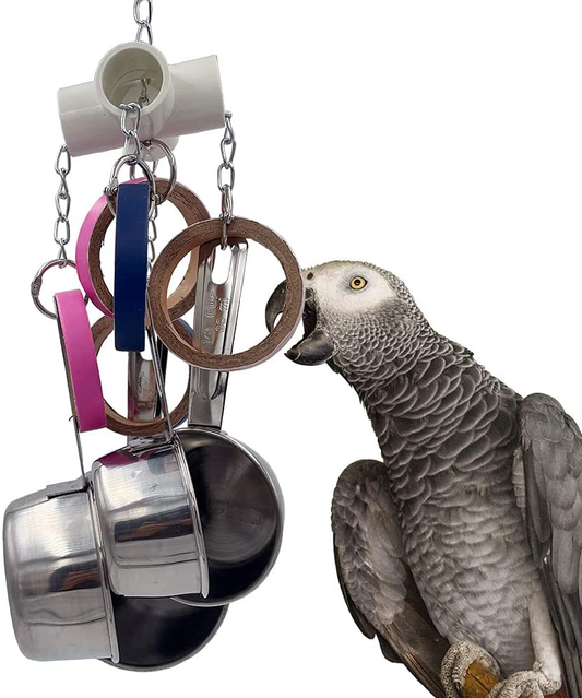 GILYGI Durable Bird Parrots Pots and Bagel Toys, Pullable Stainless Steel Cup and Cardboard Ring Toys for Amazons Mini Macaws African Greys Cockatoos Eclectus
