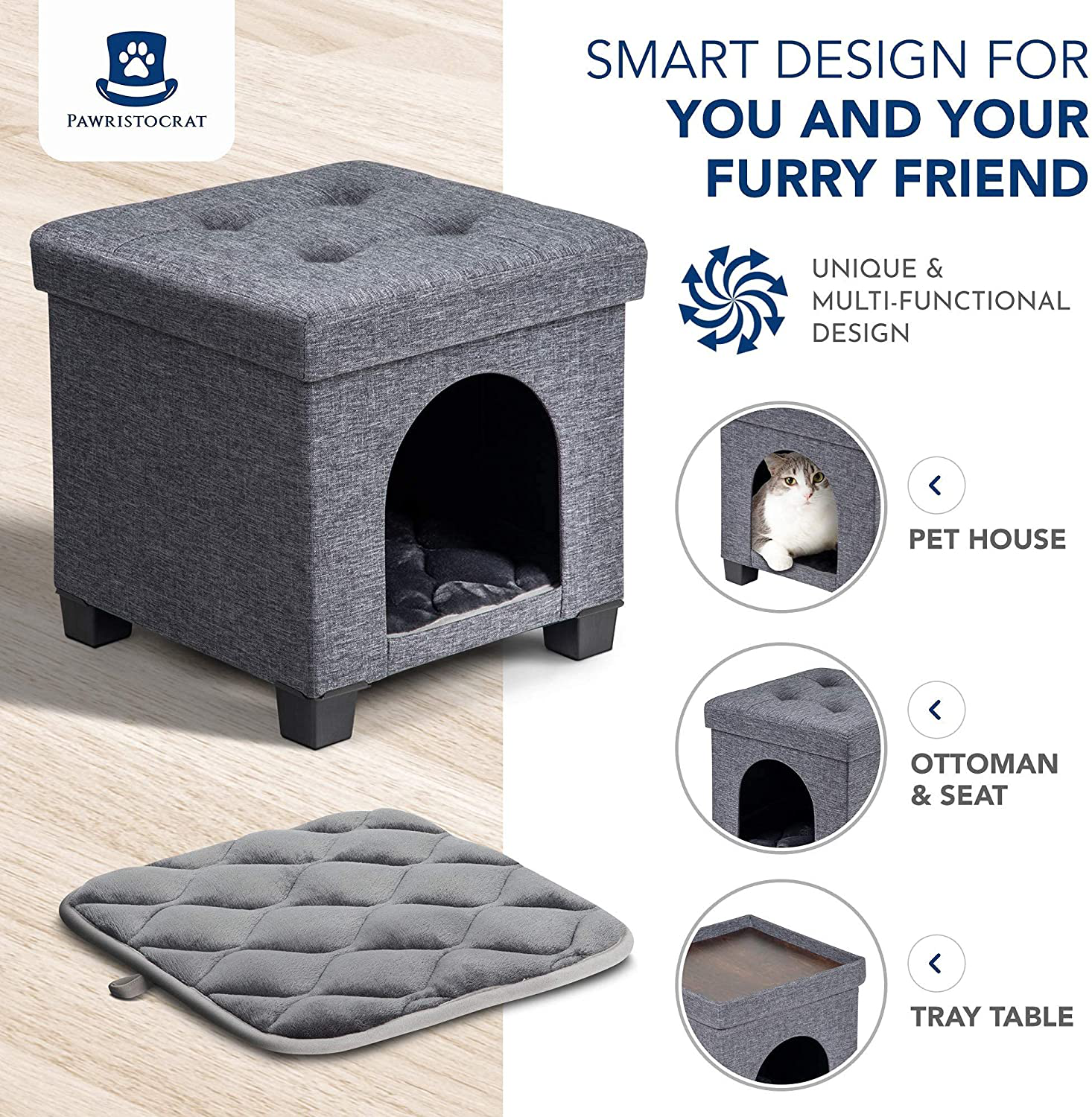 Pawristocrat Unique Multifunctional Pet House Ottoman with Tray Table - Folding Footrest Seat - Large Cat Cube Condo - Pet Bed for Cats and Dogs with Fully Washable Mat Animals & Pet Supplies > Pet Supplies > Cat Supplies > Cat Furniture Pawristocrat   