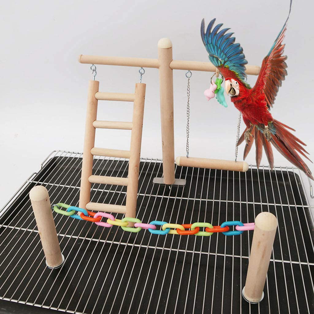 Hibye Bird Cage Stand Play Gym Wood Perch Playground Parrot Climbing Ladder Chewing Chain Swing Activity Exercise Center for Lovebirds Budgies Finches Parakeets Animals & Pet Supplies > Pet Supplies > Bird Supplies > Bird Gyms & Playstands Hibye   