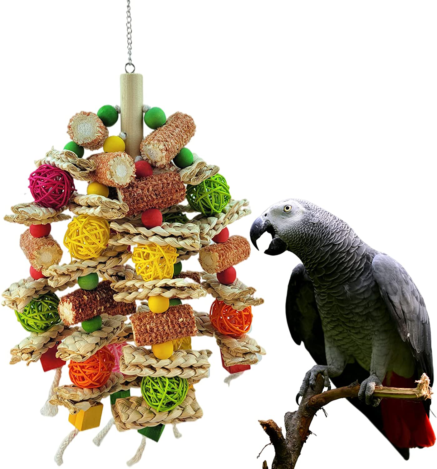RF-X Parrot Toys, Natural Corn Cob Chewing Bird Toys, Macaws, African Grey Parrots and Various Amazon Parrot Bird Cage Accessories Toys, Love Birds Parrot Cage Toys (6 String Design)