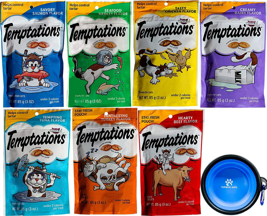 Temptations Classics Tasty Snack Treats for Cats -Feline Variety Bundle 7 Pack ,Tantalizing Turkey, Chicken, Hearty Beef, Tuna, Creamy, Savory Salmon, Seafood Medley with Hotspot Pets Collapsible Bowl Animals & Pet Supplies > Pet Supplies > Cat Supplies > Cat Treats Temptations   
