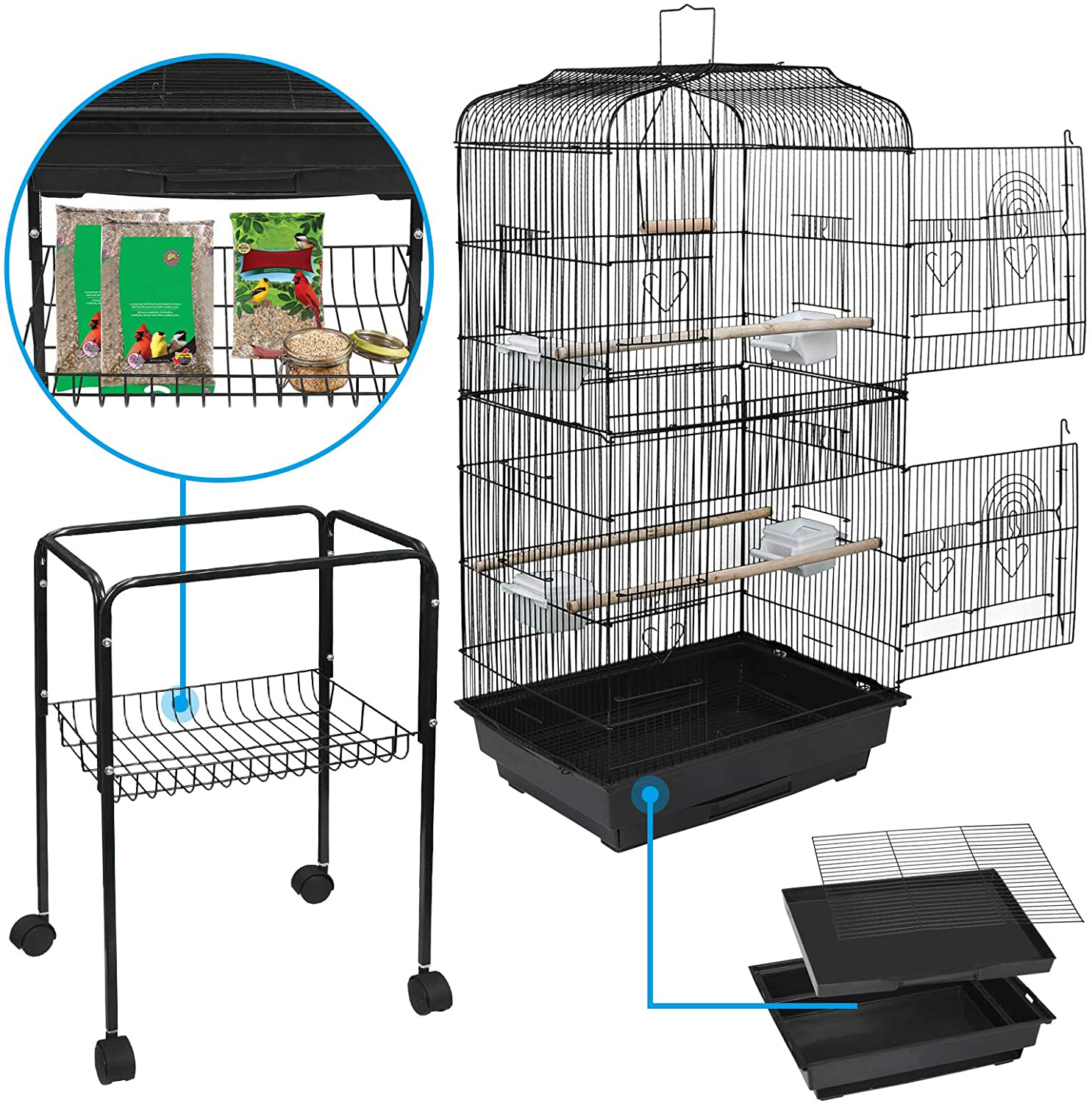 SUPER DEAL 59.3''/53'' Rolling Bird Cage Large Wrought Iron Cage for Cockatiel Sun Conure Parakeet Finch Budgie Lovebird Canary Medium Pet House with Rolling Stand & Storage Shelf (59.3'') Animals & Pet Supplies > Pet Supplies > Bird Supplies > Bird Cages & Stands SUPER DEAL   