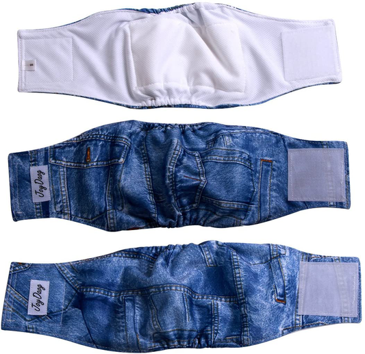 Joydaog Jean Belly Bands for Small Dog Diapers Male Reusable Puppy Wrap Pack of 3 Animals & Pet Supplies > Pet Supplies > Dog Supplies > Dog Diaper Pads & Liners JoyDaog Jean(3pcs) M(13"-16"Waist) 