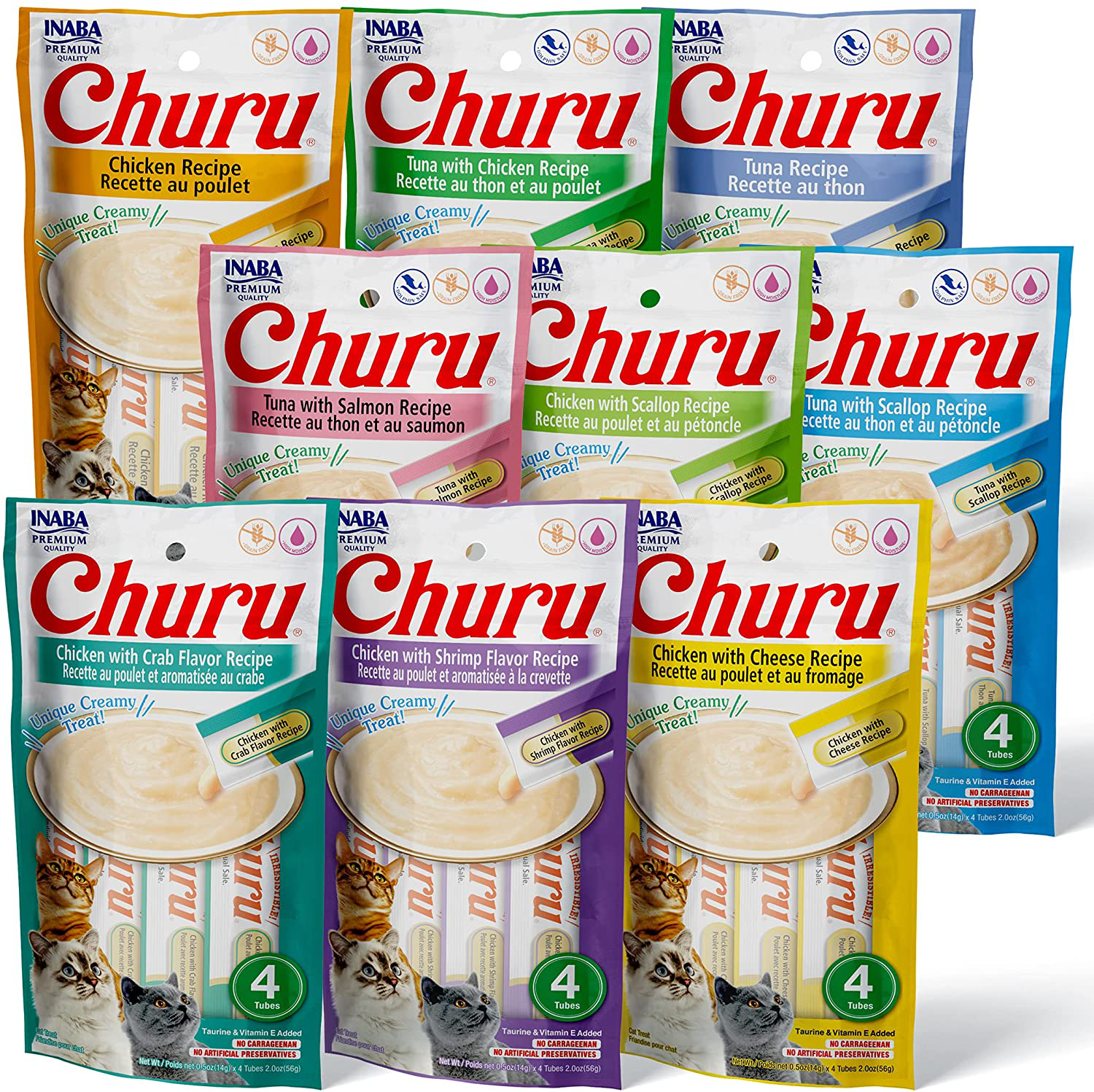 INABA Churu Lickable Purée Natural Cat Treats Animals & Pet Supplies > Pet Supplies > Bird Supplies > Bird Treats INABA All 9 Flavors Variety Pack 4 Count (Pack of 9) 