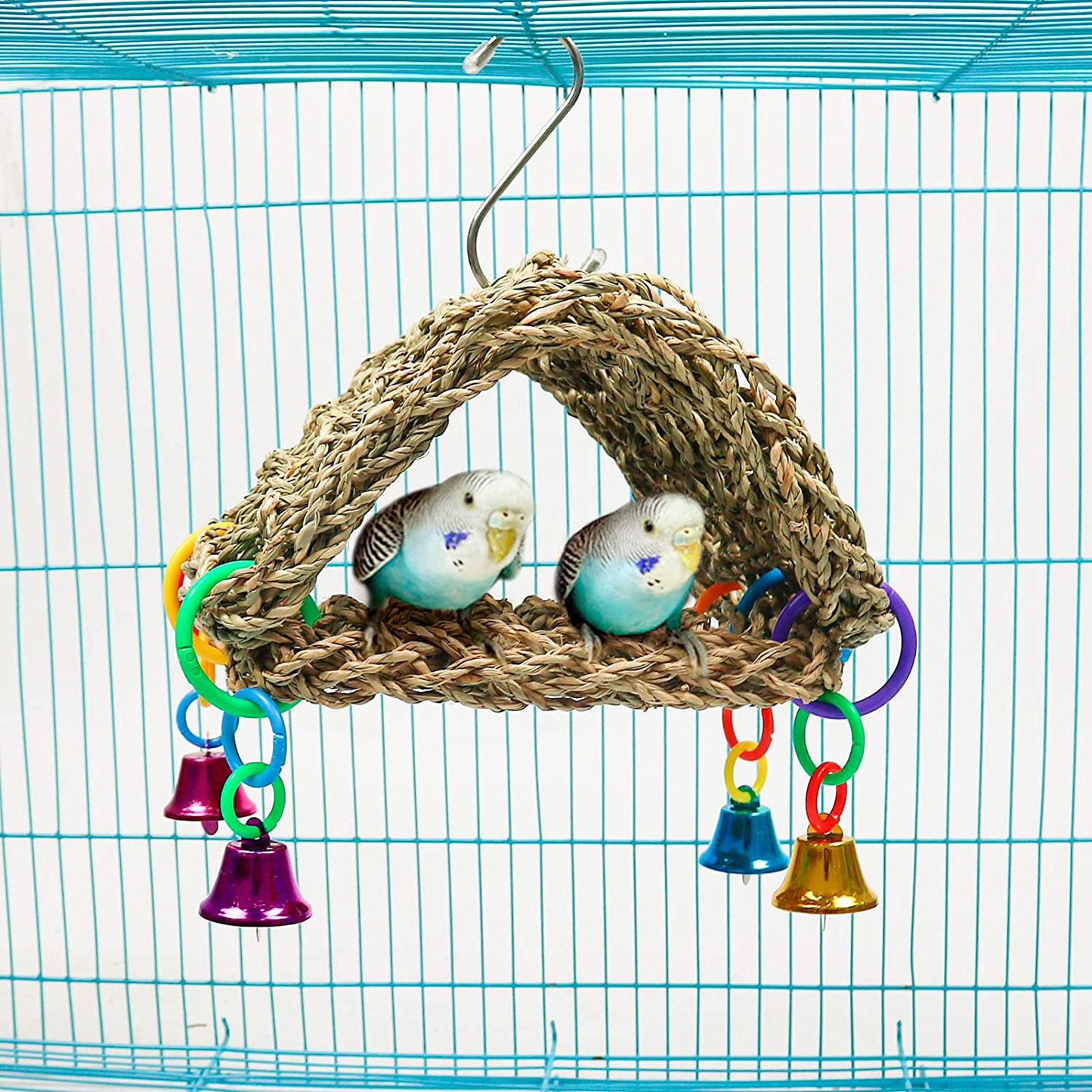 Bird Seagrass Hammock DIY Toys,Parrot Nest House Shed Hut Hanging Hammock Cage Tent Parakeet Perch Stand Climb Ladder Cage Toys for Conure Lovebird Budgie Cockatiel Finch Cockatoo Animals & Pet Supplies > Pet Supplies > Bird Supplies > Bird Ladders & Perches Roundler   