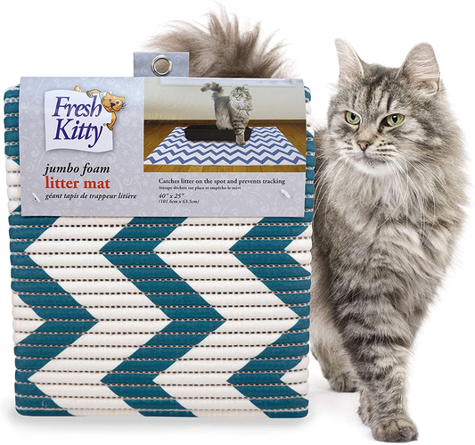 Fresh Kitty Durable XL Jumbo Foam Litter Mat – Phthalate and BPA Free, Water Resistant, Traps Litter from Box, Scatter Control, Easy Clean Mats – Chevron, Blue/White Chevron (9035) Animals & Pet Supplies > Pet Supplies > Cat Supplies > Cat Litter Box Mats Fresh Kitty   