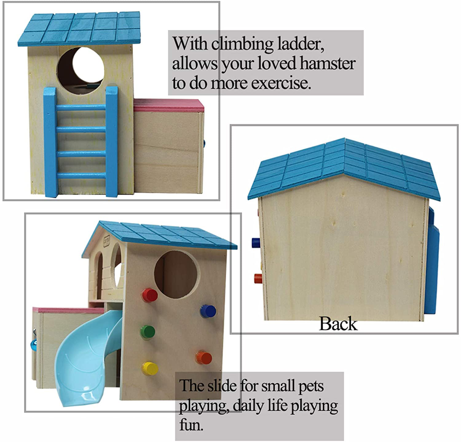 Kathson Pet Small Animal Hideout Hamster House with Funny Climbing Ladder Slide Wooden Hut Play Toys Chews for Small Animals like Dwarf Hamster and Mouse