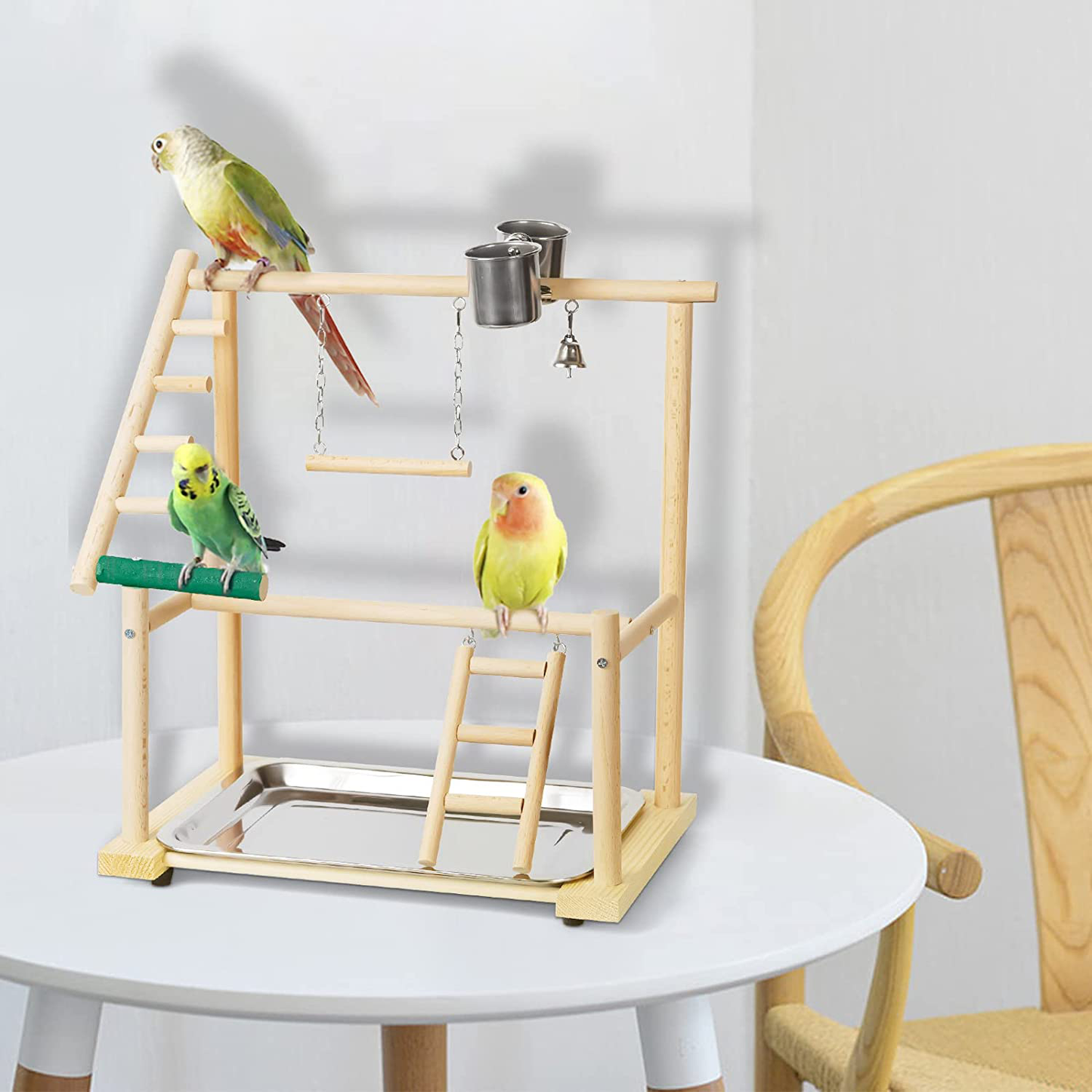 Ozzptuu Bird Playground Natural Wood Small/Medium Parrot Playstand Pet Bird Feeder Perch Stand with Seed Cups Ladder Hanging Swing Animals & Pet Supplies > Pet Supplies > Bird Supplies > Bird Gyms & Playstands Ozzptuu   