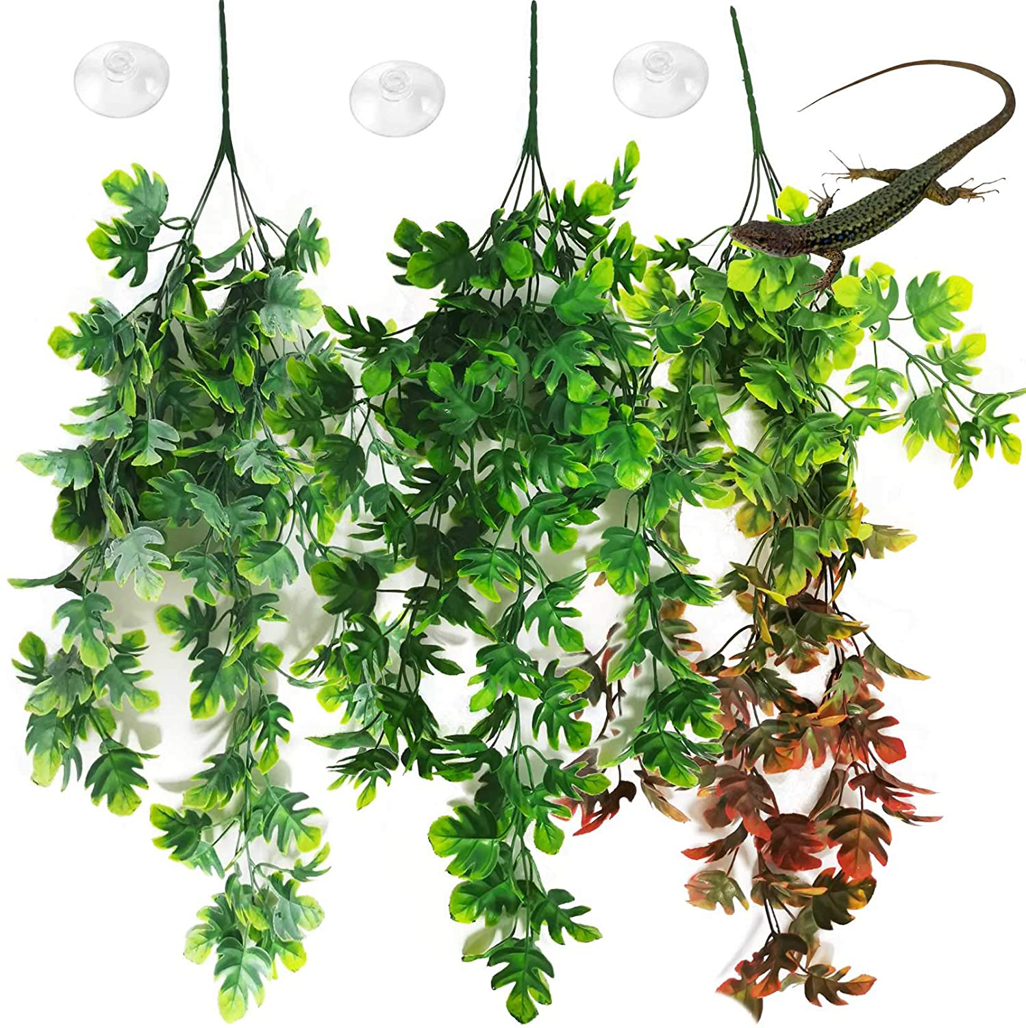 PINVNBY Reptile Plants Hanging Terrarium Plastic Fake Vines Lizards Climbing Decor Tank Habitat Decorations with Suction Cup for Bearded Dragons Geckos Snake Hermit Crab 3PCS Animals & Pet Supplies > Pet Supplies > Reptile & Amphibian Supplies > Reptile & Amphibian Habitats PINVNBY style 2  
