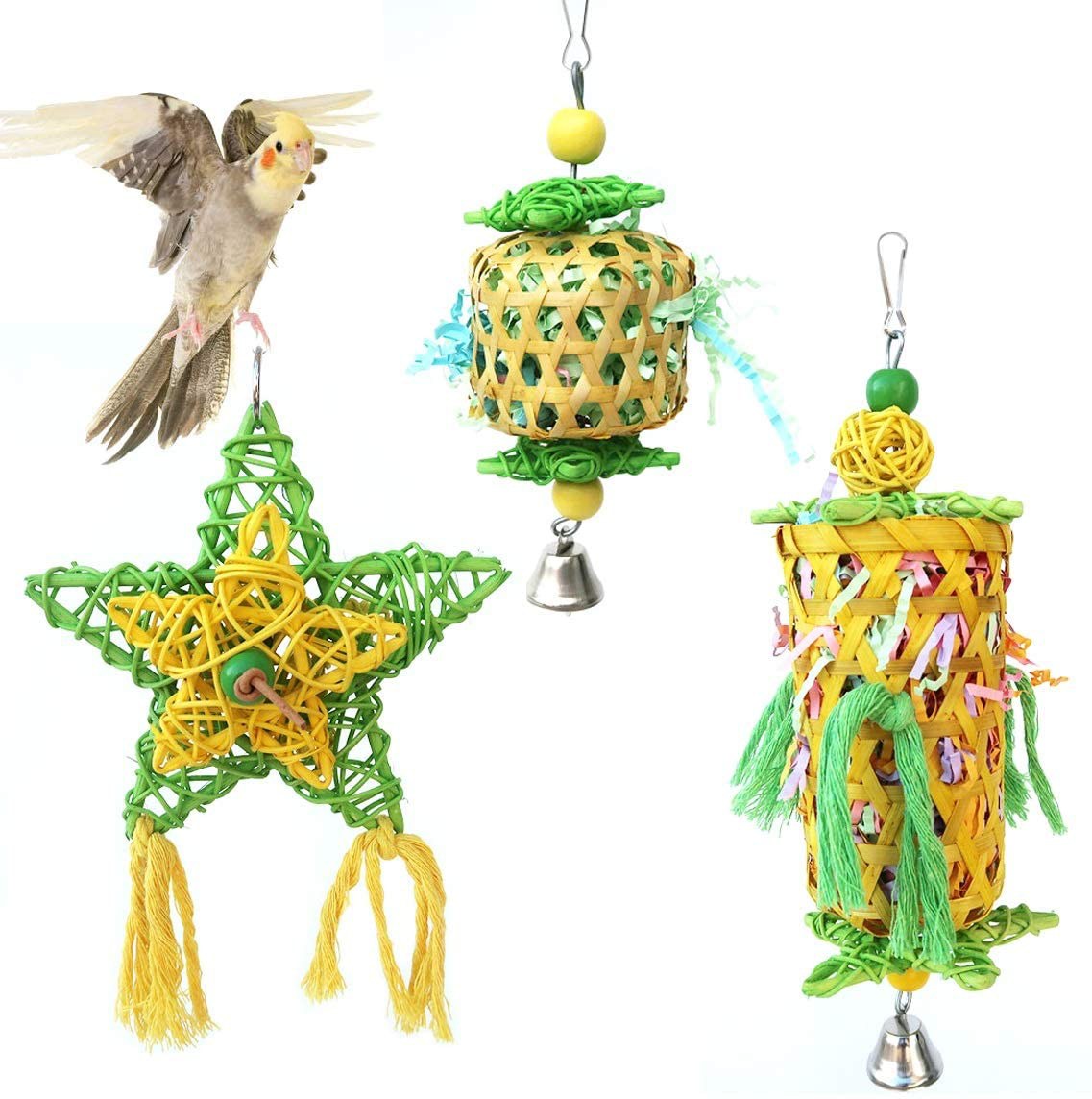 Cooshou 3Pcs Bird Parrot Shredder Toys Handmade Bamboo Parrot Conures Chewing Toy with Rattan Five-Pointed Stars Small Bird Hanging Swing Foraging Toy for Cockatiels Budgie Parroket Animals & Pet Supplies > Pet Supplies > Bird Supplies > Bird Toys CooShou   