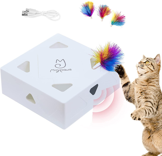 Migipaws Cat Toys, Interactive Automatic Feather Mice 7 Holes Whack-A-Mole, Obsessed Fun for Indoor Cats, USB Rechargeable 4Pcs Feather Refills