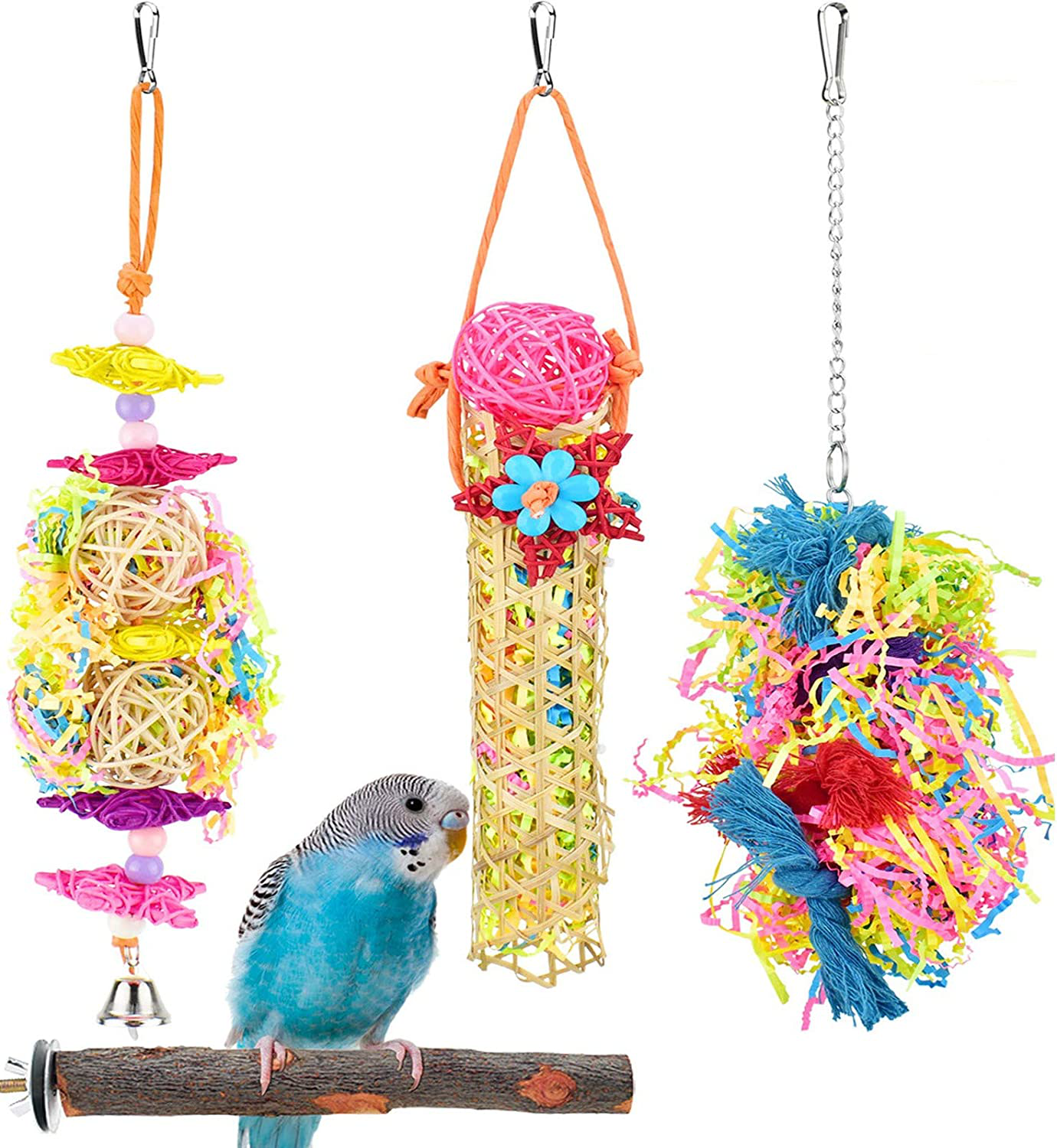 KATUMO 4 Pcs Bird Parrot Toys, Colorful Chewing Shredder Toys Shred Hanging Foraging Toys Bird Wood Perch Stand for Parakeet, Conure, Cockatiel, Mynah, Love Birds, Finch, Small & Medium Pet Birds Animals & Pet Supplies > Pet Supplies > Bird Supplies > Bird Toys KATUMO   