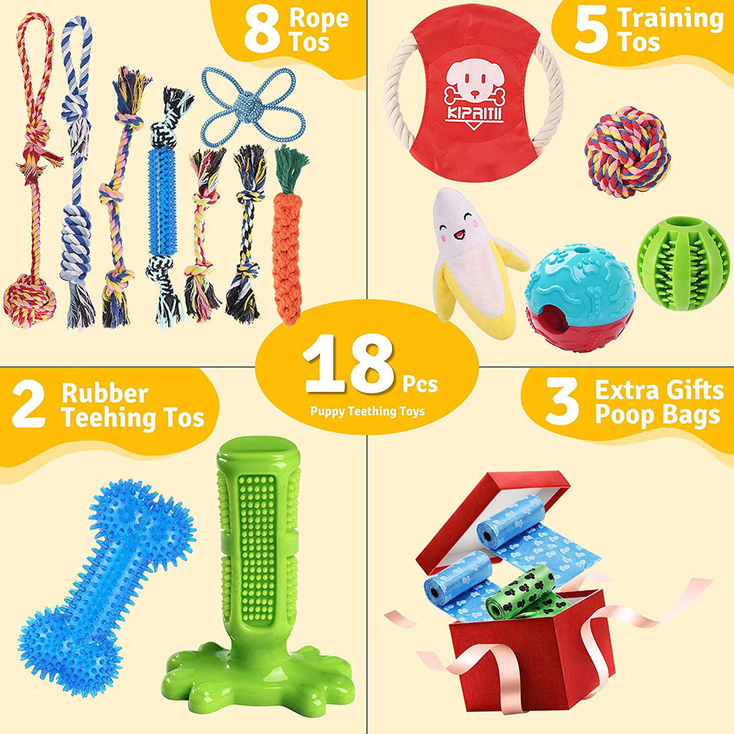 KIPRITII Dog Chew Toys for Puppy - 18 Pack Puppies Teething Chew Toys for Boredom, Pet Dog Chew Toys with Rope Toys, More Squeaky Toy for Puppy and Small Dogs Animals & Pet Supplies > Pet Supplies > Dog Supplies > Dog Toys KIPRITII   