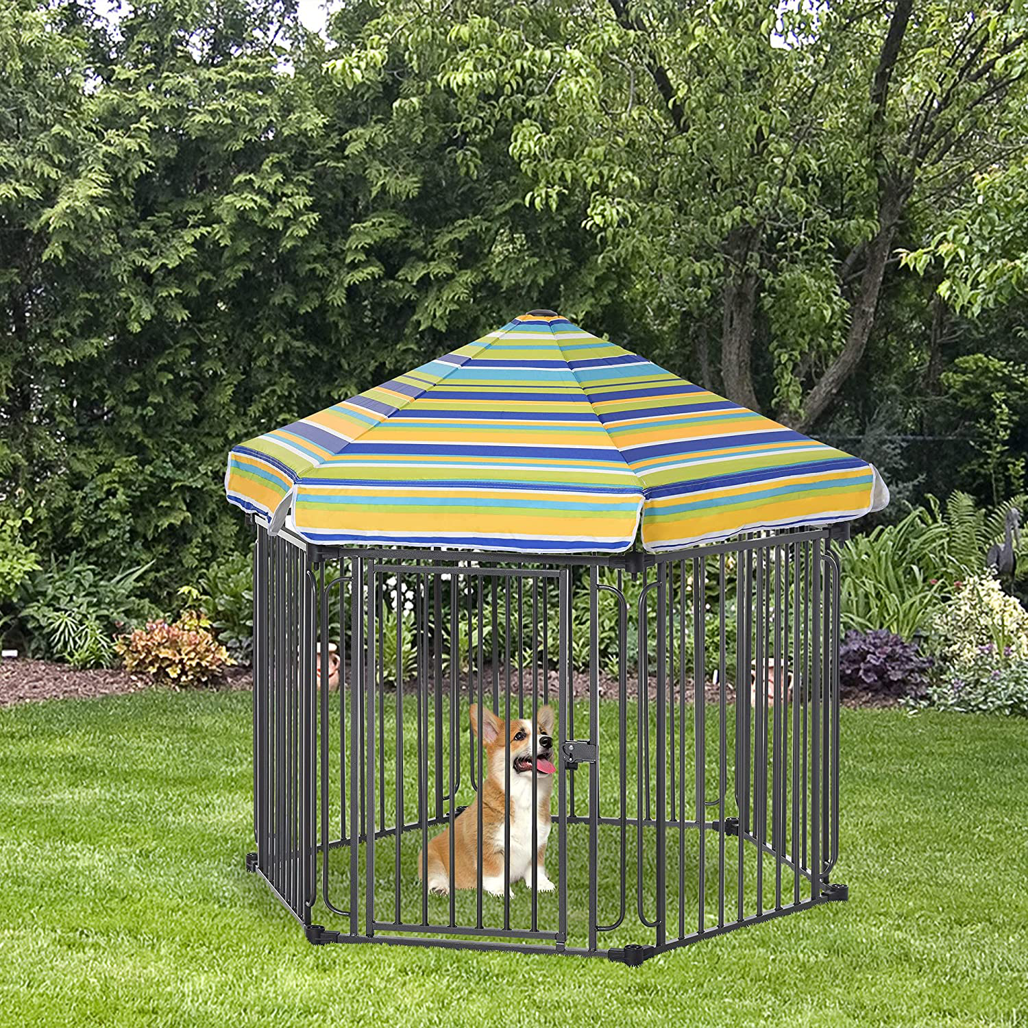 Pawhut Heavy-Duty Pet Playpen Kennel with Door & Removable Cover 6 Panels Freestanding Puppy Crate Fence for Dogs Indoor &Outdoor Use Black Animals & Pet Supplies > Pet Supplies > Dog Supplies > Dog Kennels & Runs Aosom LLC   