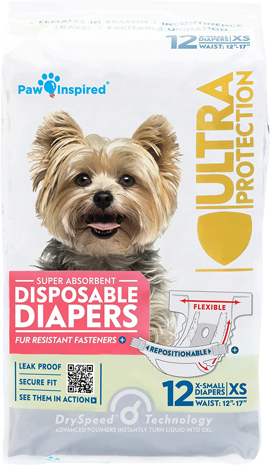 Paw Inspired Disposable Dog Diapers | Female Dog Diapers Ultra Protection | Disposable Puppy Diapers Female | Diapers for Dogs in Heat, Period, Excitable Urination, or Incontinence (12 Count, X-Small) Animals & Pet Supplies > Pet Supplies > Dog Supplies > Dog Diaper Pads & Liners PAW INSPIRED   