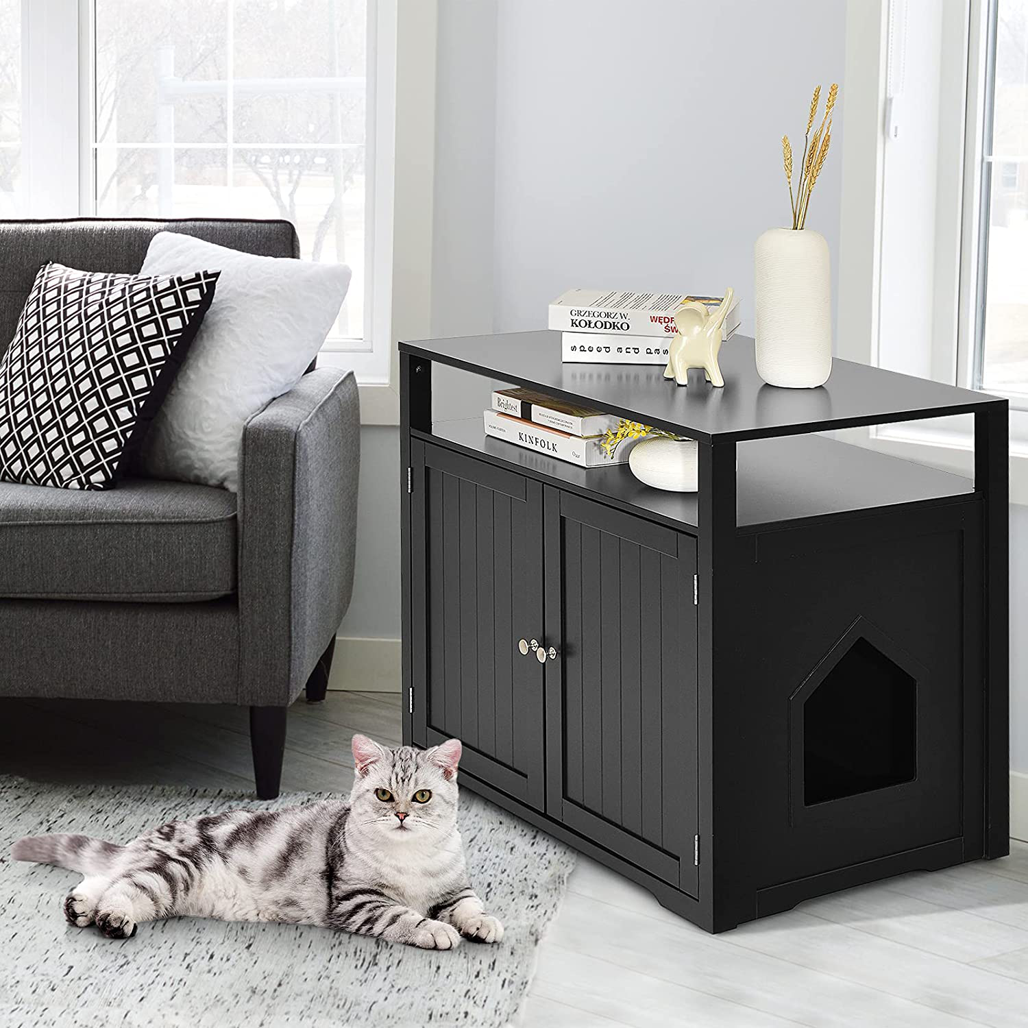 Tangkula Cat Litter Box Enclosure, Hidden Cat Washroom with Adjustable Interior Divider, Wooden Indoor Decorative Cat House Side Table with Doors & Large Tabletop, Litter Box Furniture Hidden for Cat Animals & Pet Supplies > Pet Supplies > Cat Supplies > Cat Furniture Tangkula   