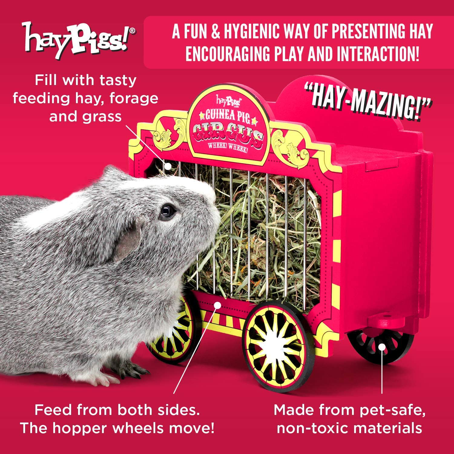 HAYPIGS Guinea Pig Toys and Accessories - Circus Themed Wheek Wagon Hay Hopper - Guinea Pig Hay Rack - Dwarf Rabbit Feeder - Hay Racks for Guinea Pigs - Hay Feeder - Chinchilla Hay Rack Animals & Pet Supplies > Pet Supplies > Small Animal Supplies > Small Animal Food HAYPIGS   