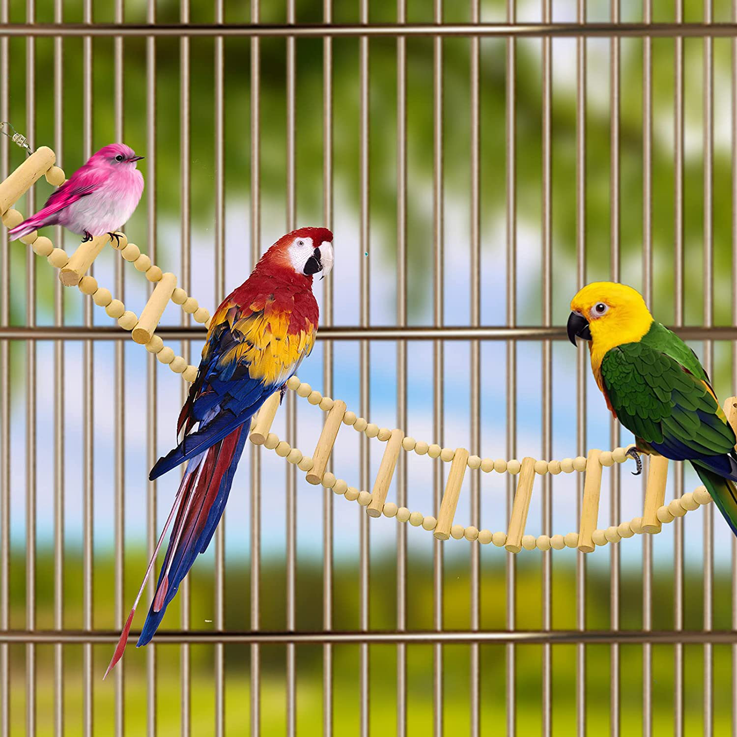 Dnoifne Bird Wooden Ladder Bridge, Ladders Swing Chewing Toys, Hanging Pet Bird Cage Accessories, Funny Perch Training Toys for Bird Parrot Macaw African Budgies Cockatiels Parakeet Hamster Squirrel