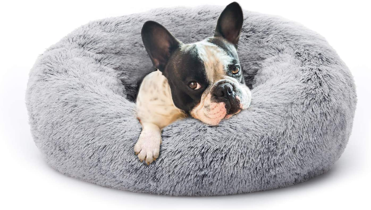 Eterish Fluffy round Calming Dog Bed Plush Faux Fur, Anxiety Donut Dog Bed for Small, Medium Dogs and Cats, Pet Cat Bed with Raised Rim, Machine Washable Animals & Pet Supplies > Pet Supplies > Dog Supplies > Dog Beds Eterish Light Grey Medium (Pack of 1) 