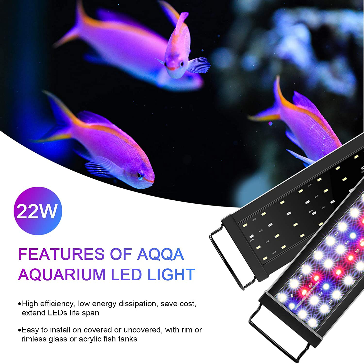 AQQA 11W-45W Aquarium LED Lights, Waterproof Full Spectrum Fish Tank Light with Timer Controller, White & Blue &Red Light, Extendable Brackets, for Freshwater Planted Tank