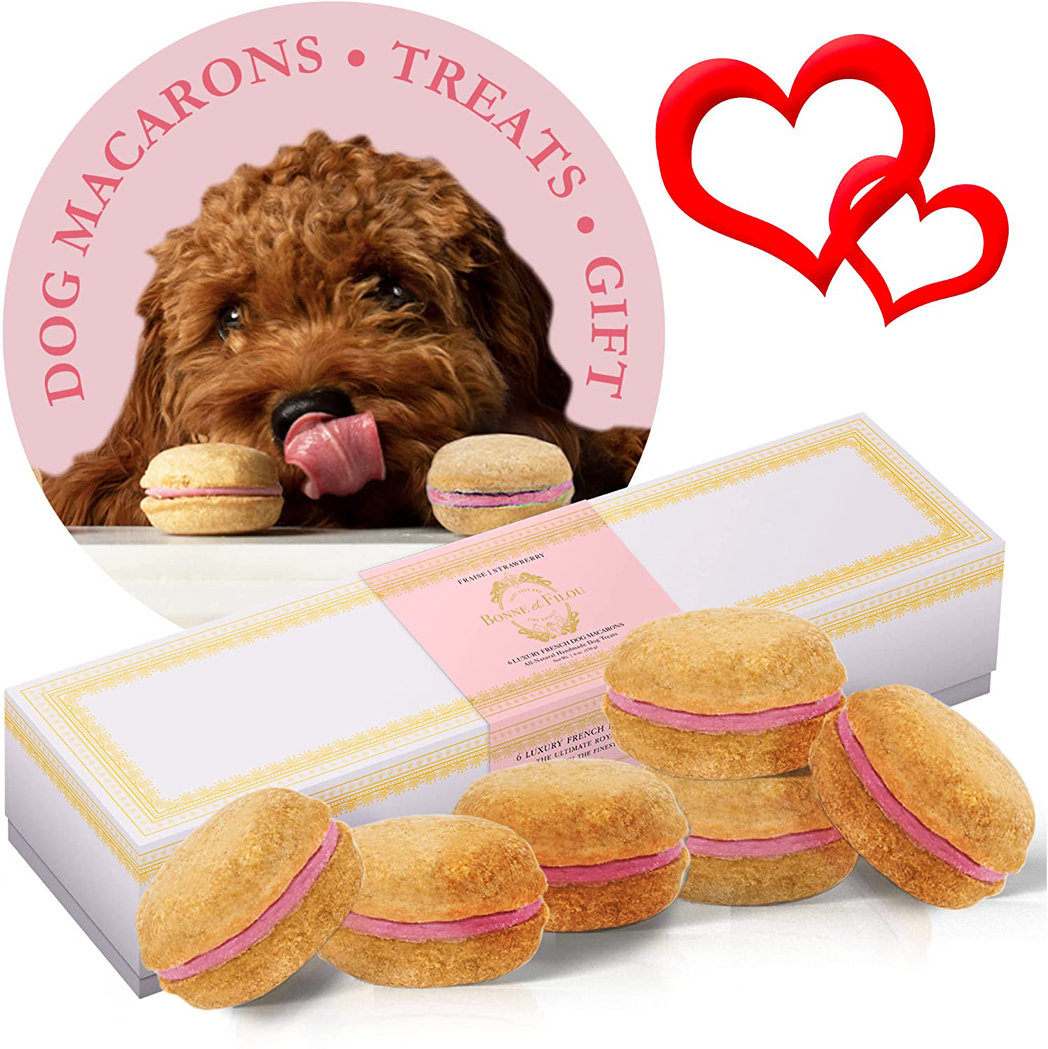Bonne Et Filou Dog Treats Dog Macarons Luxury Handmade Dog Gifts Dog Birthday Healthy and Delicious Gourmet Dog Snack with All-Natural Ingredients Animals & Pet Supplies > Pet Supplies > Dog Supplies > Dog Treats Bonne et Filou Strawberry 6 Count (Pack of 1) 