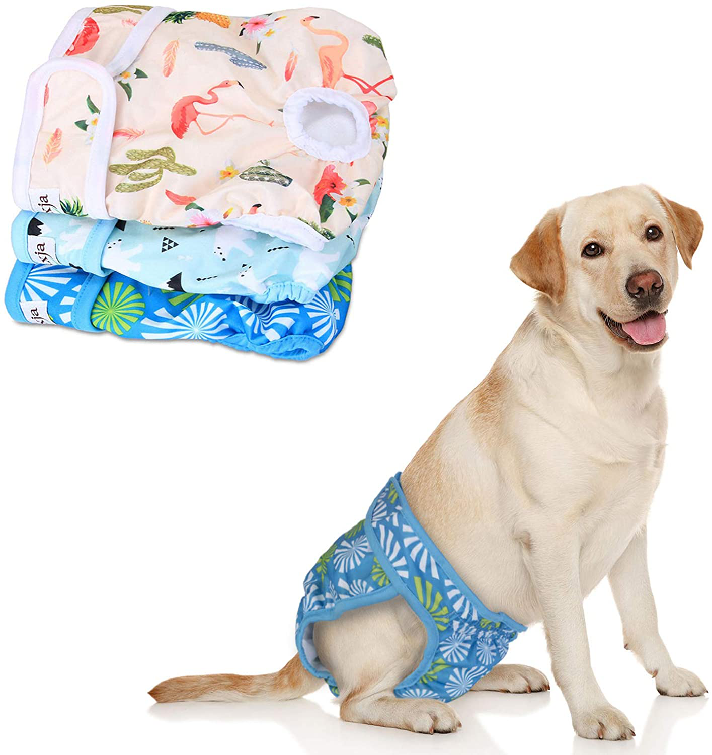 LUXJA Reusable Female Dog Diapers (Pack of 3), Washable Wraps for Female Dog (Flamingos+Polar Bears+Flowers) Animals & Pet Supplies > Pet Supplies > Dog Supplies > Dog Diaper Pads & Liners LUXJA L1: waist 17"-24"  