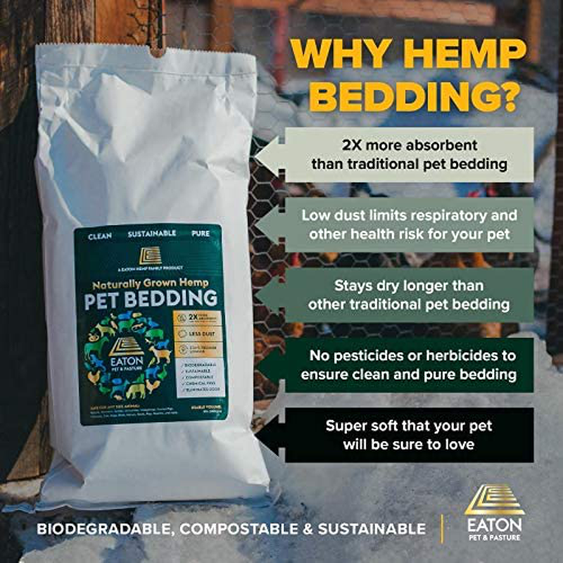 Eaton Pet and Pasture, Naturally Grown Hemp Pet Bedding for Chicken Coop, Nesting Boxes, Rabbits, Hamsters, Small Pets, Horses, Highly Absorbent and Hypoallergenic, Eco-Friendly, Farmer Owned