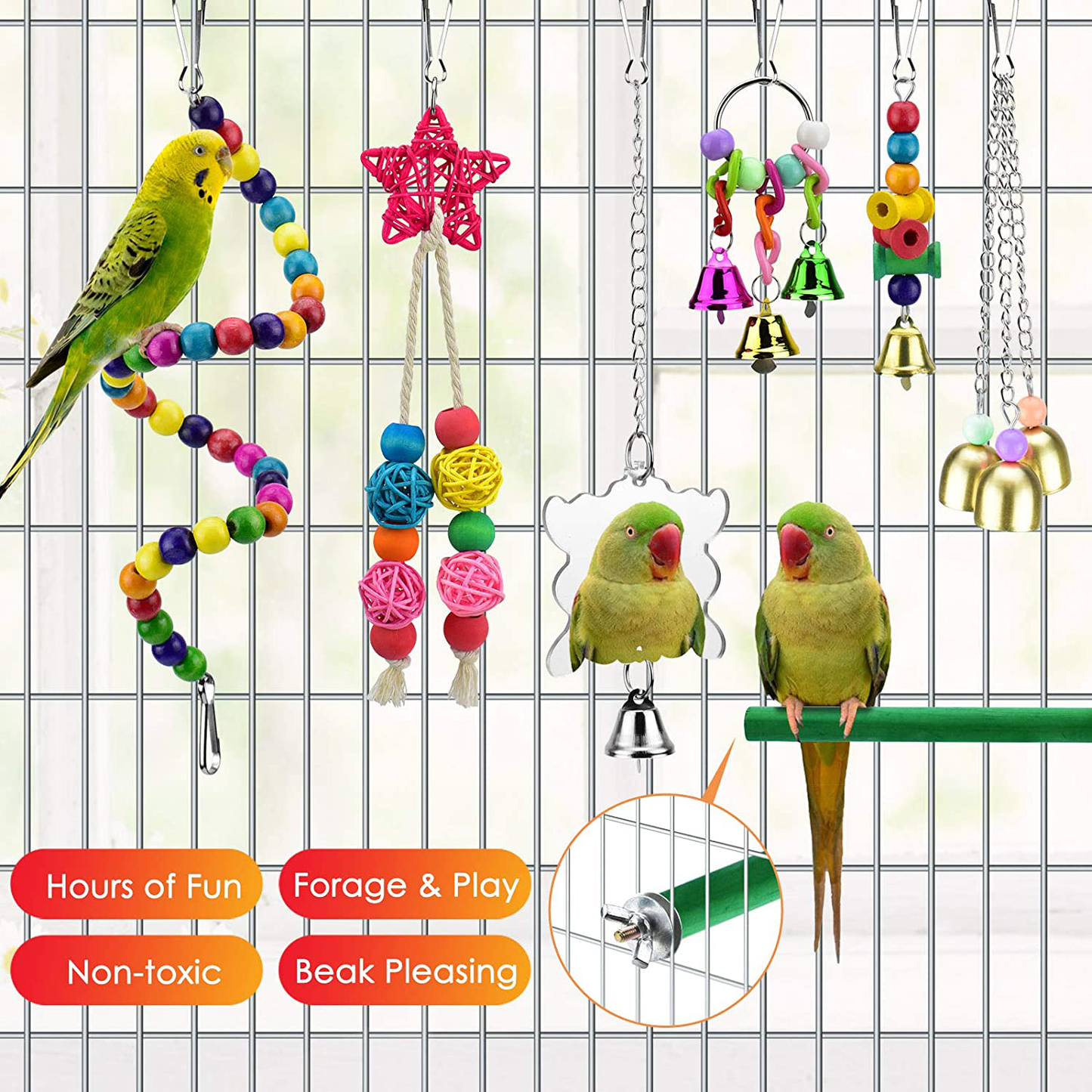 KATUMO Bird Parrot Toys, Bird Nest Hut Hanging Habitat Tent Colorful Wood Beads Hanging Mirror Bird Perch Chewing Bell Toys for Conures, Cockatiel, Budgerigar, Lovebird, Sparrow Ect Small Birds Animals & Pet Supplies > Pet Supplies > Bird Supplies > Bird Toys KATUMO   