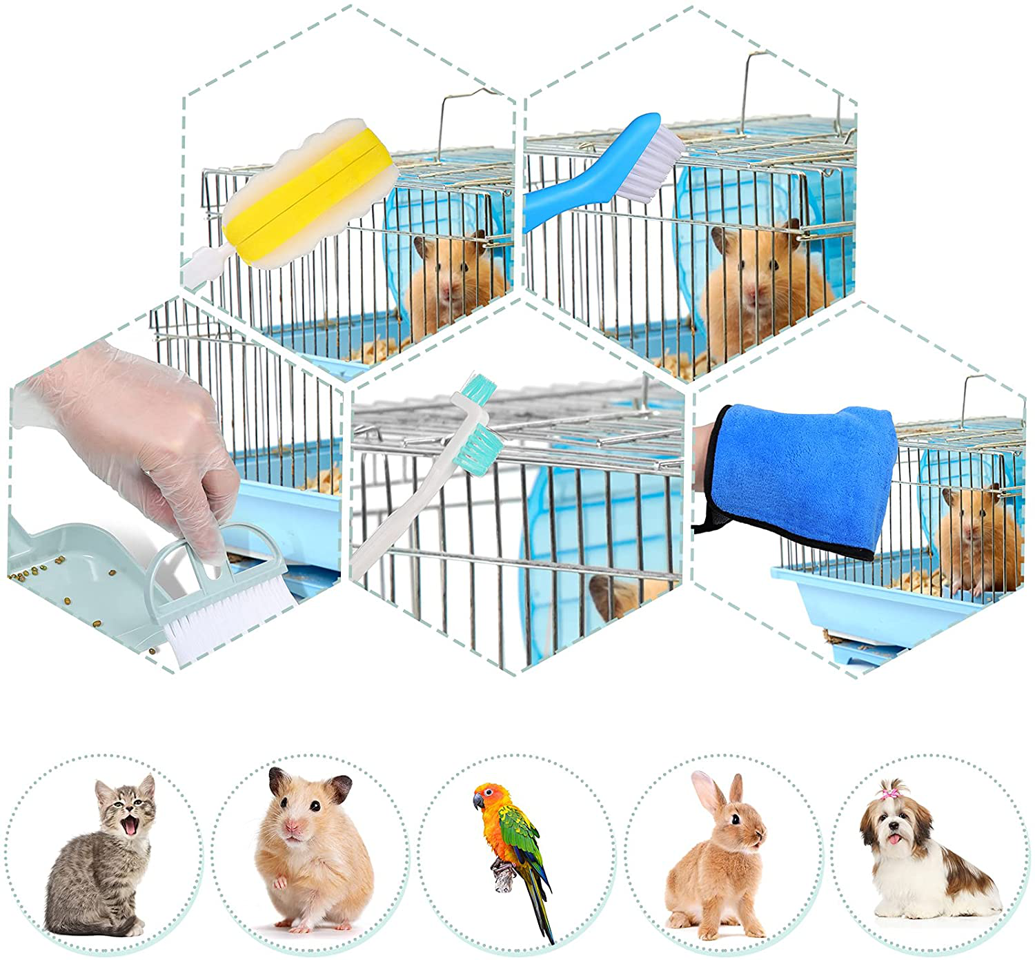 Dandat 17 Pack Pet Cage Cleaner Set for Rabbit Cages Cleaning Dustpan and Broom Pet Playpen Bedding Cleaning Brush Foam Sponge for Guinea Pig Hamster Cat Ferret Birds Parrot Chinchilla Small Animals