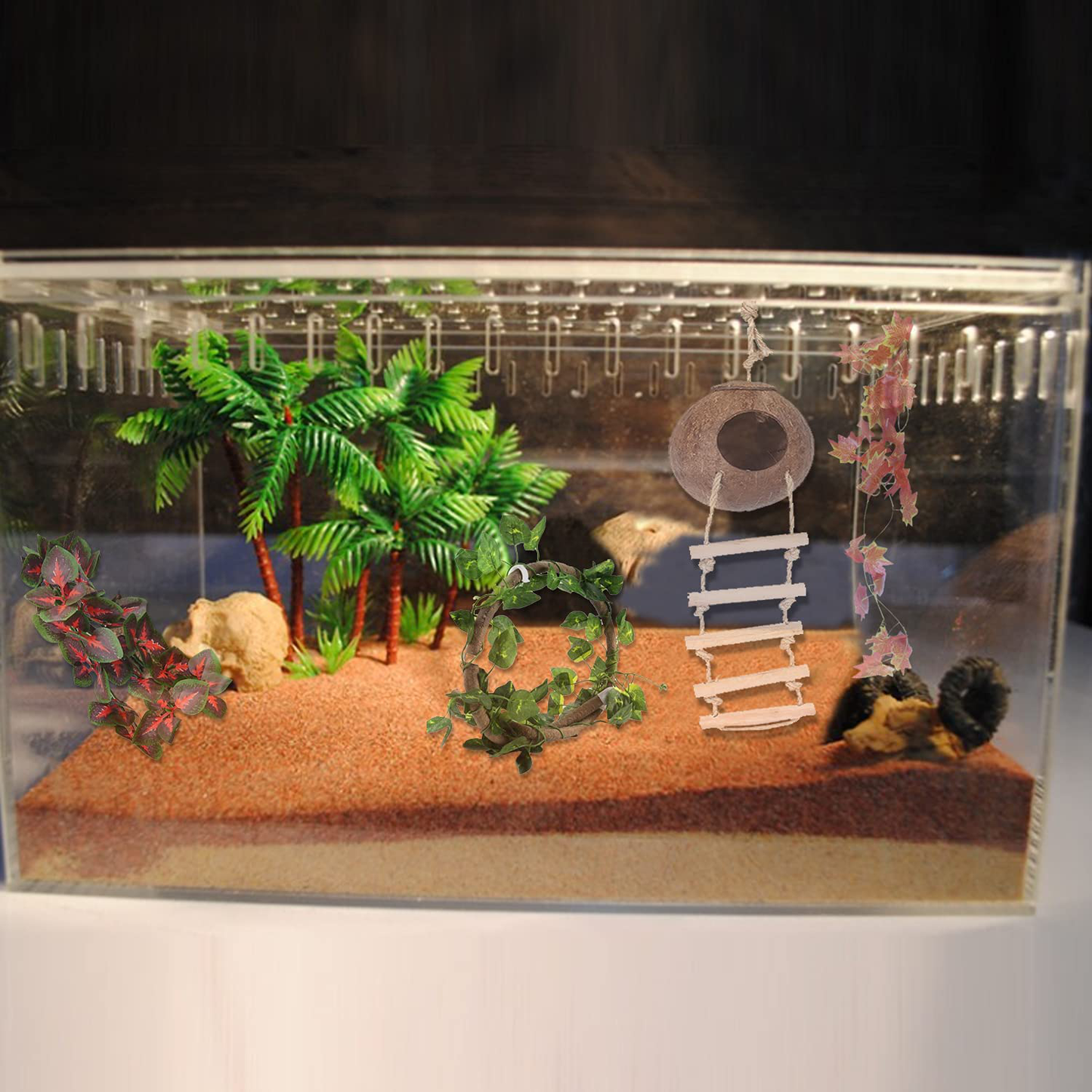 HERCOCCI Leopard Gecko Tank Accessories, Coconut Shell Ladder Hideout Hole Reptile Climbing Vine Habitat Decor with 3 Pieces Colorful Plastic Plants for Chameleon Lizard Snake Hermit Crab Animals & Pet Supplies > Pet Supplies > Reptile & Amphibian Supplies > Reptile & Amphibian Habitat Accessories HERCOCCI   