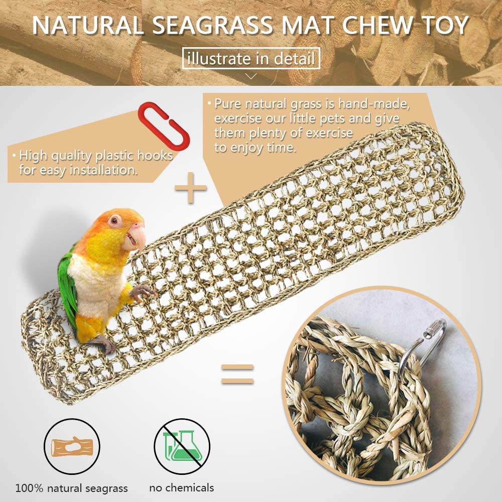 Bird Seagrass Mat,Natural Grass Woven Net Hammock Hanging on Parrot Cage with 4 Hooks,Parakeet Climbing Rope Ladder Chew Toys for Lovebird Cockatiel Conure Budgie,Cockatoo Supplies 28.3" X 6.7" Animals & Pet Supplies > Pet Supplies > Bird Supplies > Bird Ladders & Perches Hamiledyi   