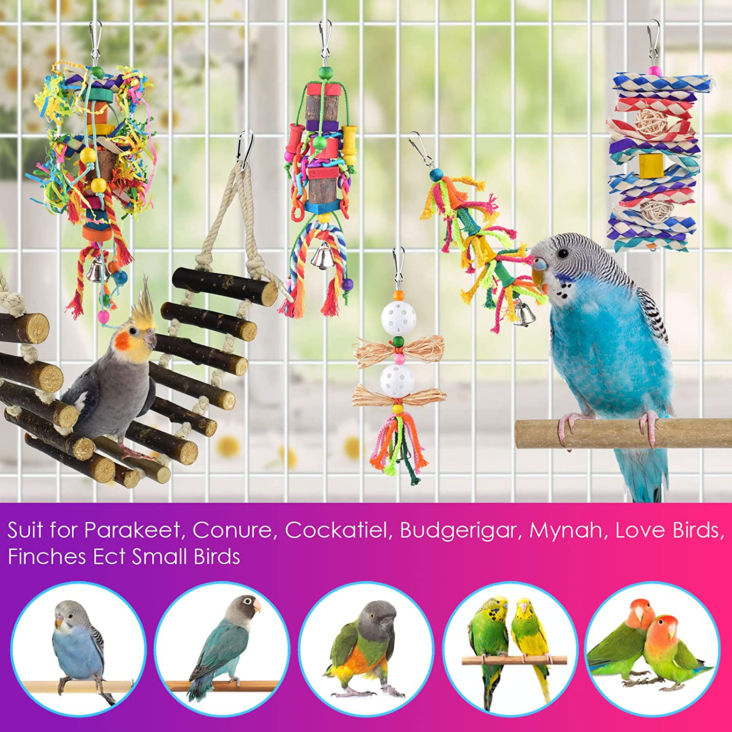 KATUMO Small Bird Toys, Natural Wood Ladder Colorful Bamboo Hanging Shredding Toys Parrot Chew Wooden Blocks Bird Perch for Parakeets, Conures, Cockatiels, Budgies, Love Birds and Other Small Birds Animals & Pet Supplies > Pet Supplies > Bird Supplies > Bird Ladders & Perches KATUMO   