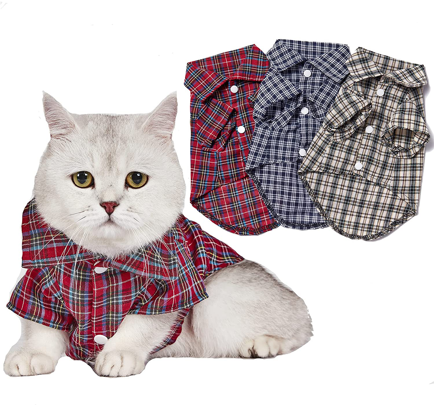 COUTUDI Pet Basic Plaid Shirt Little Puppy T-Shirt Clothes Small Dog Plaid Polo Clothes Shirt Cat T-Shirt Puppy Supplies for All Seasons Animals & Pet Supplies > Pet Supplies > Cat Supplies > Cat Apparel CT COUTUDI New Plaid Shirt Pack of 3 X-Small (Pack of 3) 