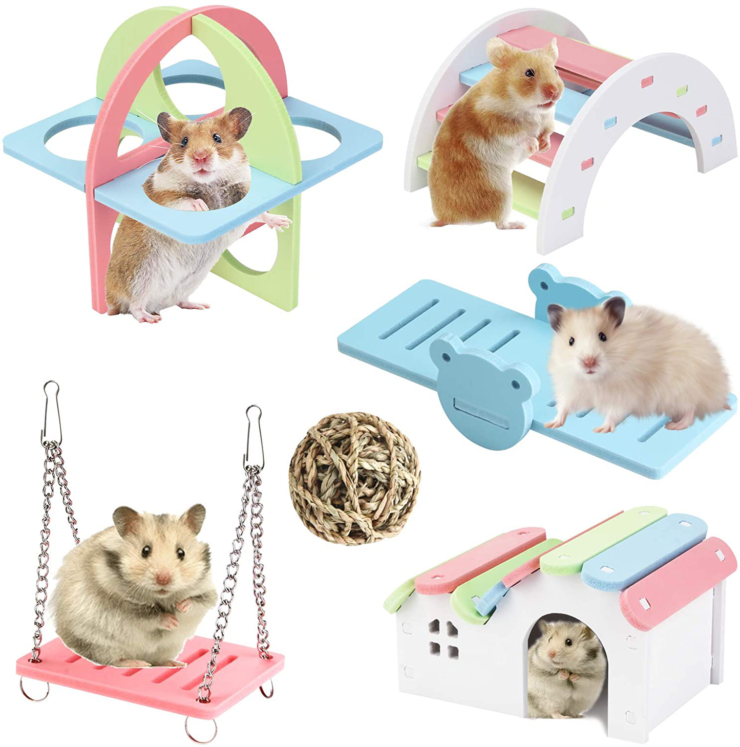 Lenpestia 6 Pieces Pet Sports Toys Set, Dwarf Hamsters House, Gerbil Hideout Rainbow Bridge, Seagrass Ball, Swing and Seesaw Syrian Hamster DIY Cage Accessories for Small Animal Habitat