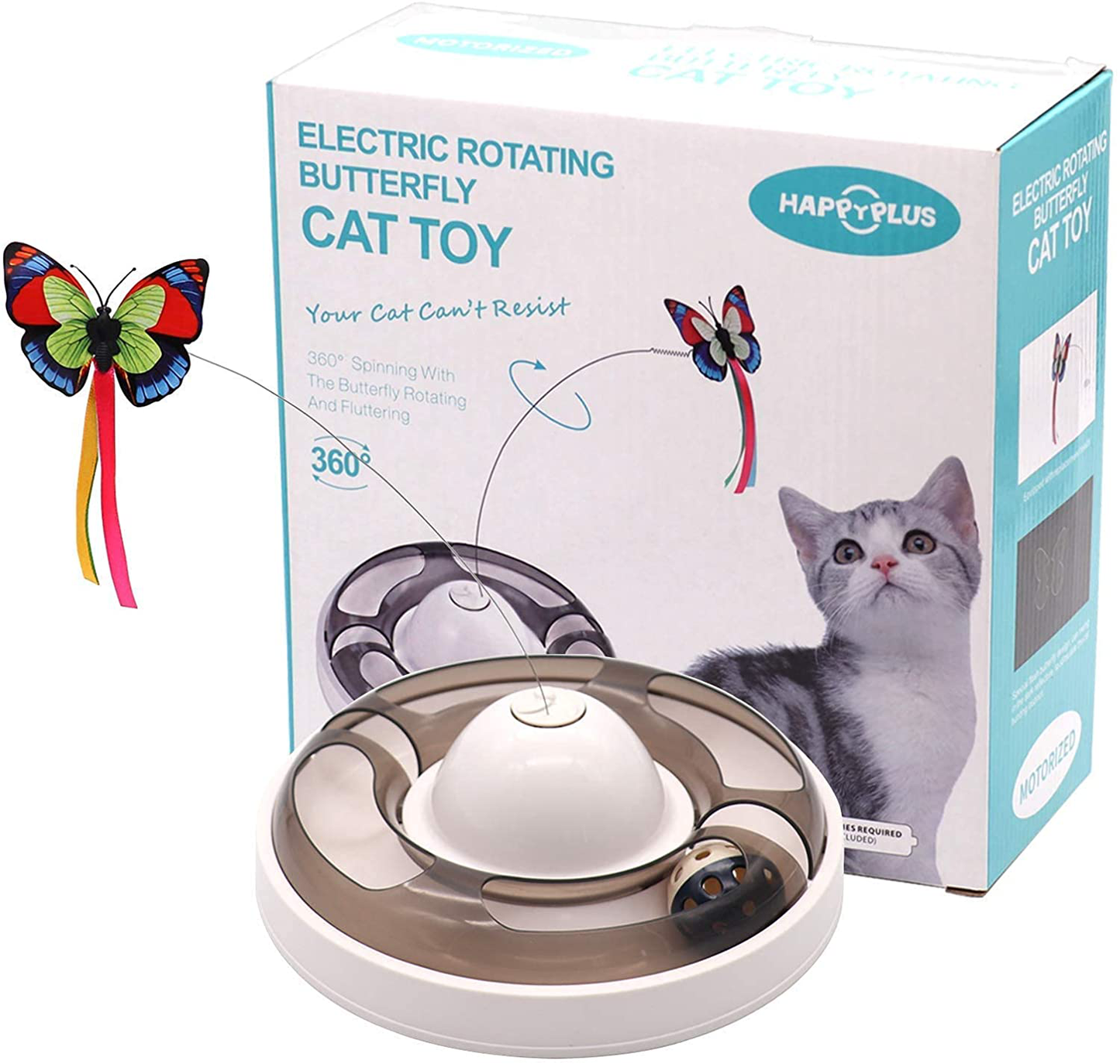 Cat Interactive Toys for Indoor Cats, Automatic Electronic Rotating Butterfly Toy with Roller Tracks Ball, Kitten Exercise Hunting Toy Games for Cats Pet, 2 Butterfly Replacements Animals & Pet Supplies > Pet Supplies > Cat Supplies > Cat Toys Baymyer   