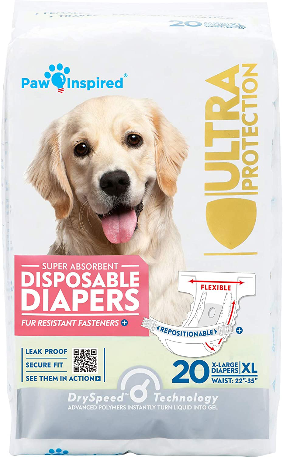 Paw Inspired Disposable Dog Diapers | Female Dog Diapers Ultra Protection | Diapers for Dogs in Heat, Excitable Urination, or Incontinence Animals & Pet Supplies > Pet Supplies > Dog Supplies > Dog Diaper Pads & Liners Paw Inspired X-Large (20 Count)  