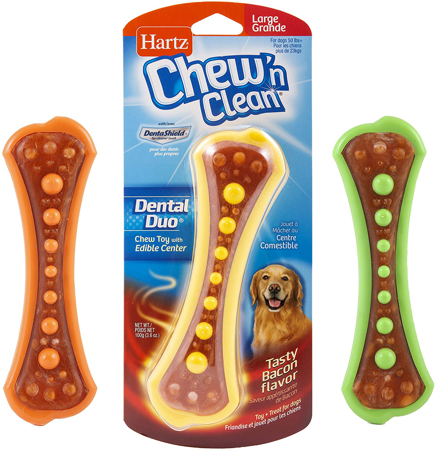 Hartz Chew ‘N Clean Dental Duo Dog Chew Toy, Dog Toy & Bacon Flavored Treat in One, Color & Toy Size Varies